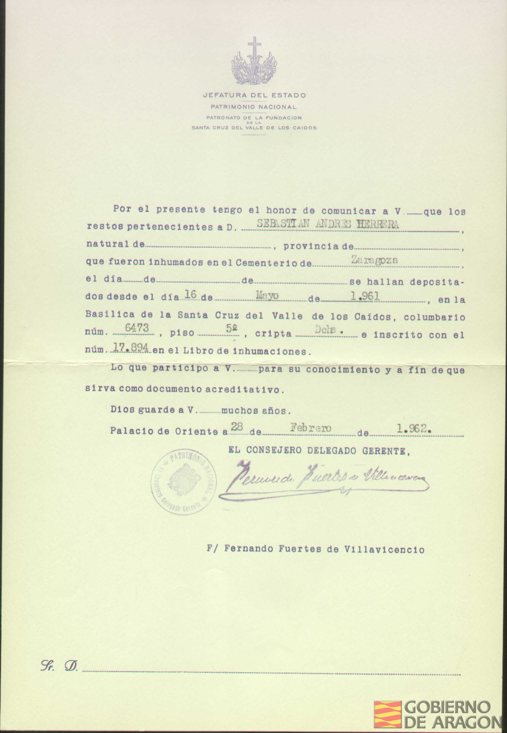 Traslado al Valle de los Caídos de los restos mortales de Sebastián Andrés Herrera el día 16 de mayo de 1961