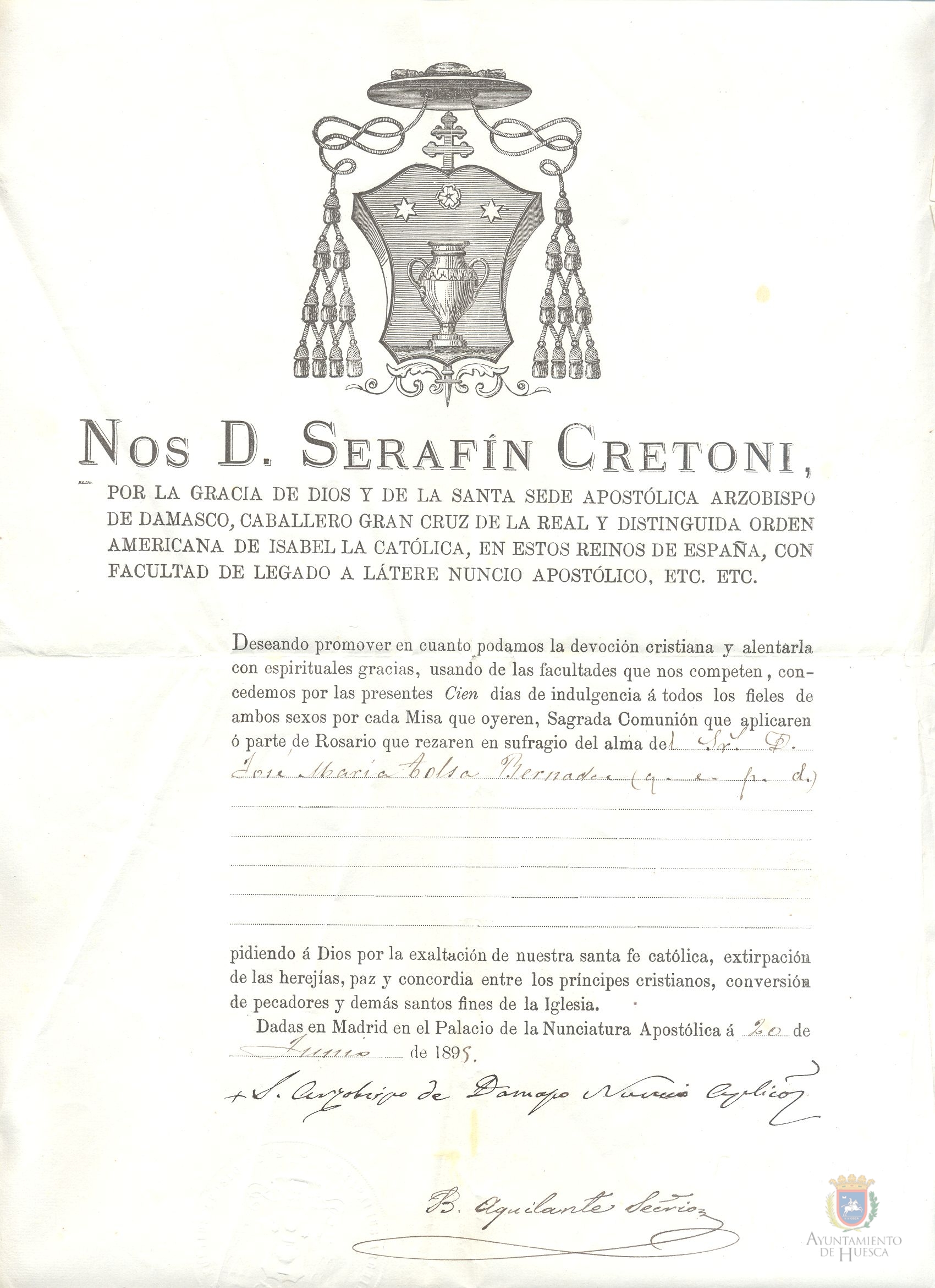 Concesión por el Nuncio D. Serafín Cretoni, arzobispo de Damasco, de cien días de indulgencia por el alma de José María Tolsa Bernádez