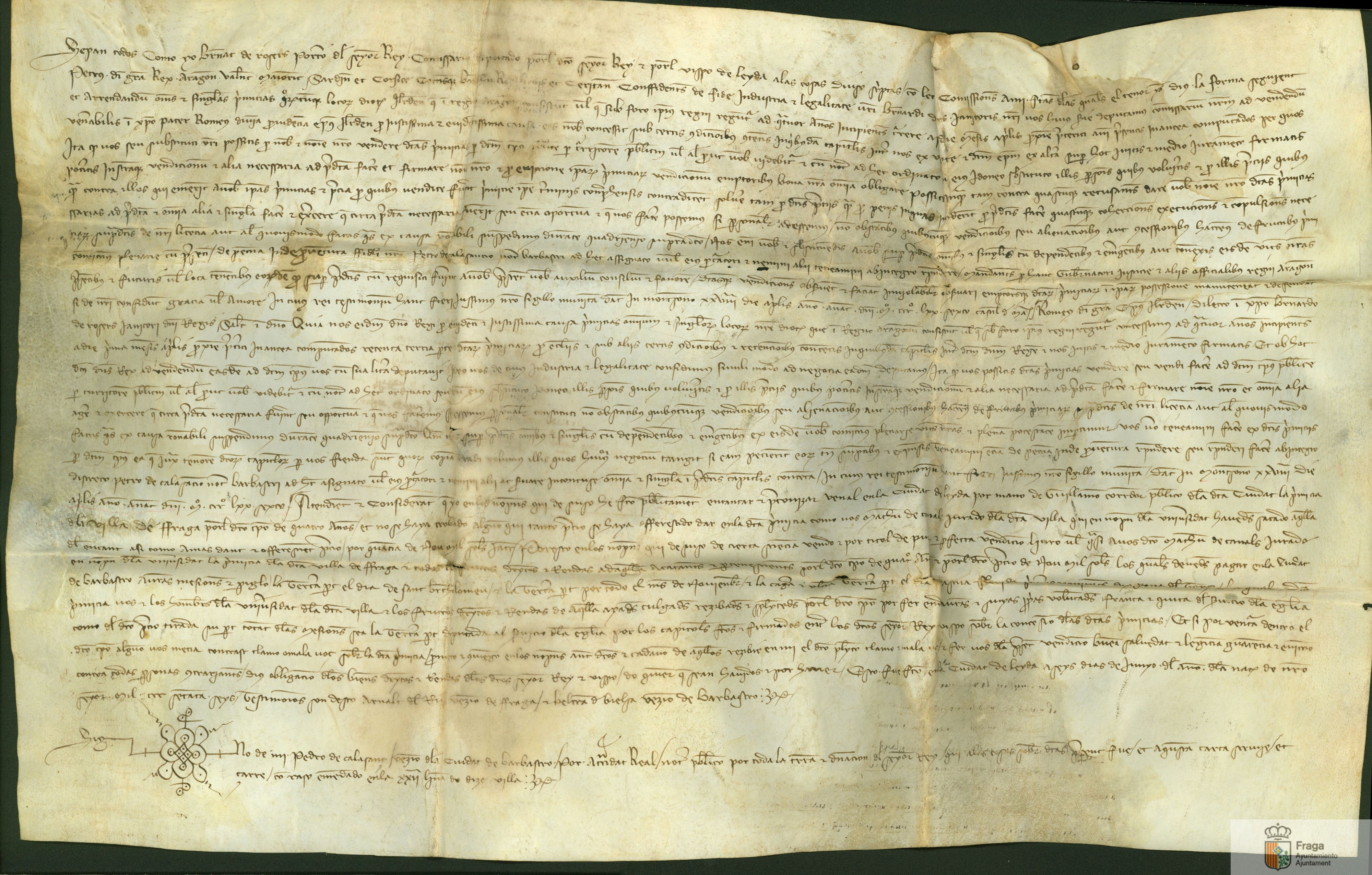 Bernardo de Rosers, comisionado de Pedro IV para el arriendo de la primicia según consta en un documento que se inserta, subasta la primicia de la villa de Fraga por 4 años, y la concede a la mejor oferta, realizada por los propios jurados de la villa, por precio de 9000 sueldos