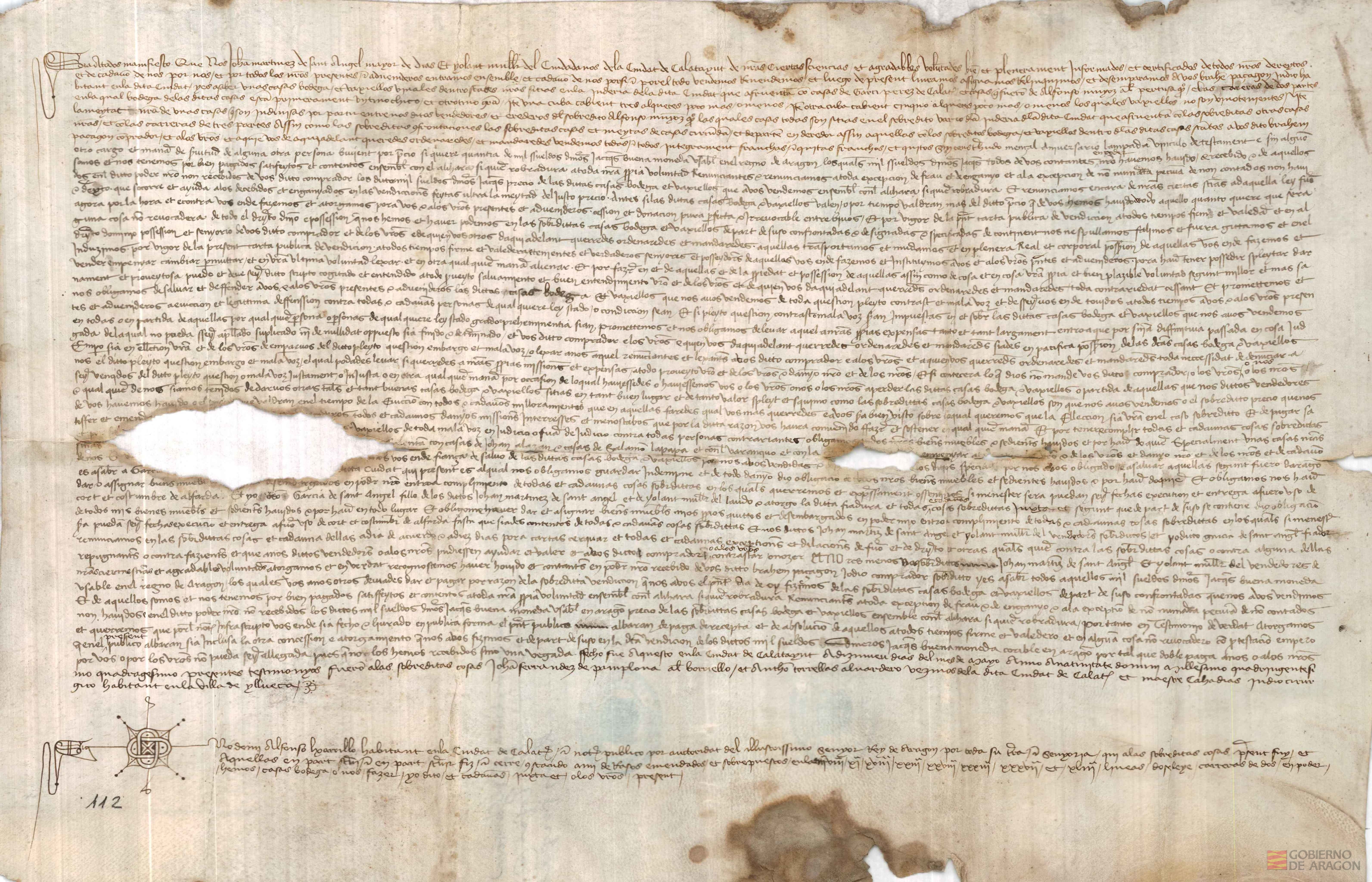 Juan Martinez de Santángel y su mujer Violante,vecinos de Calatayud,venden a Braham Pazagon,judío,vecino de dicha ciudad,unas casas,bodega y "baxiellos" viñales,sitas en el barrio de la judería,por el precio de 1000 sueldos jaqueses