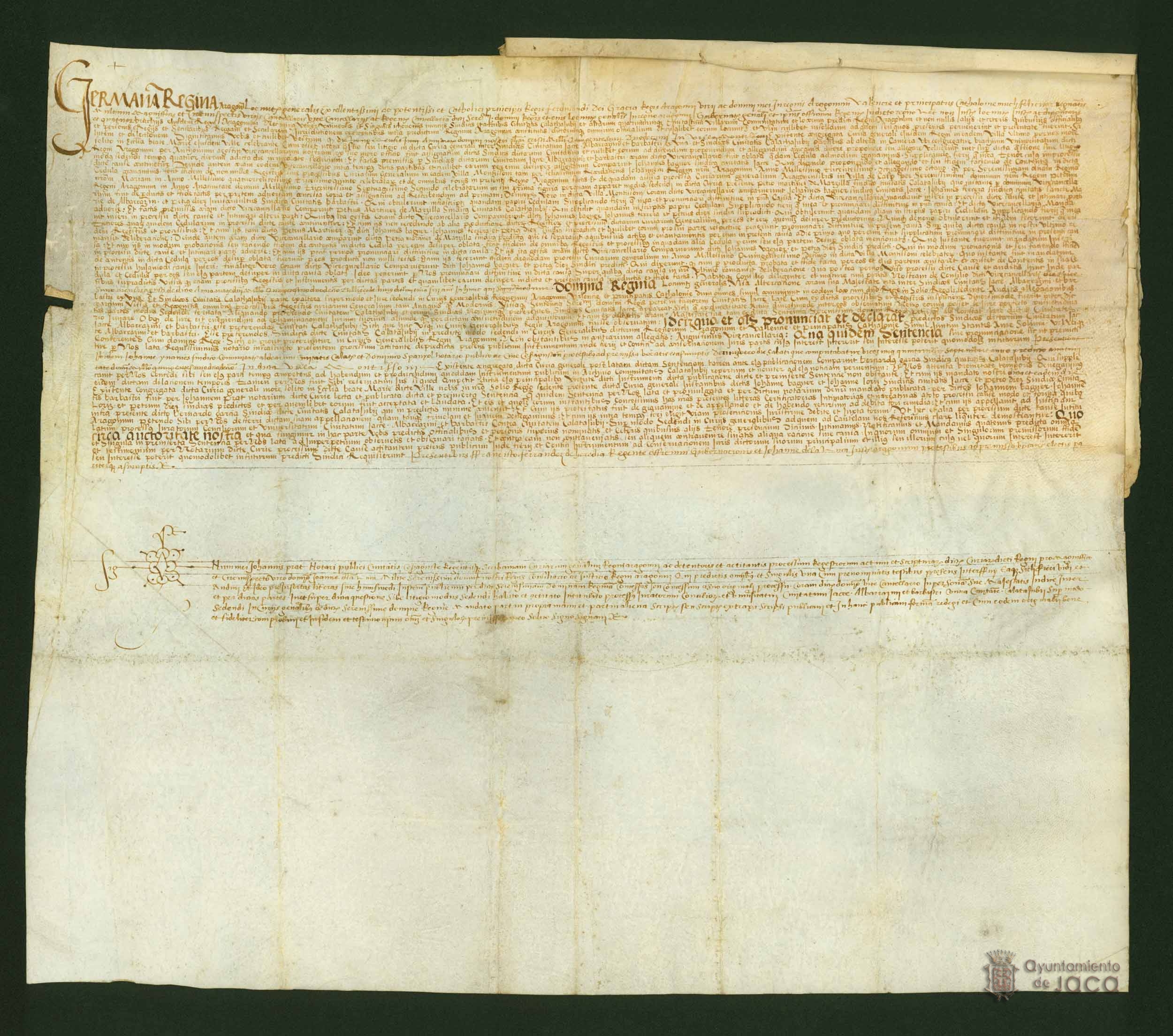 Sentencia de la reina Germana de Foix sobre un conflicto entre Jaca, Barbastro y Monzón, por un lado, y Calatayud por el otro, en relación con los asientos en las Cortes.