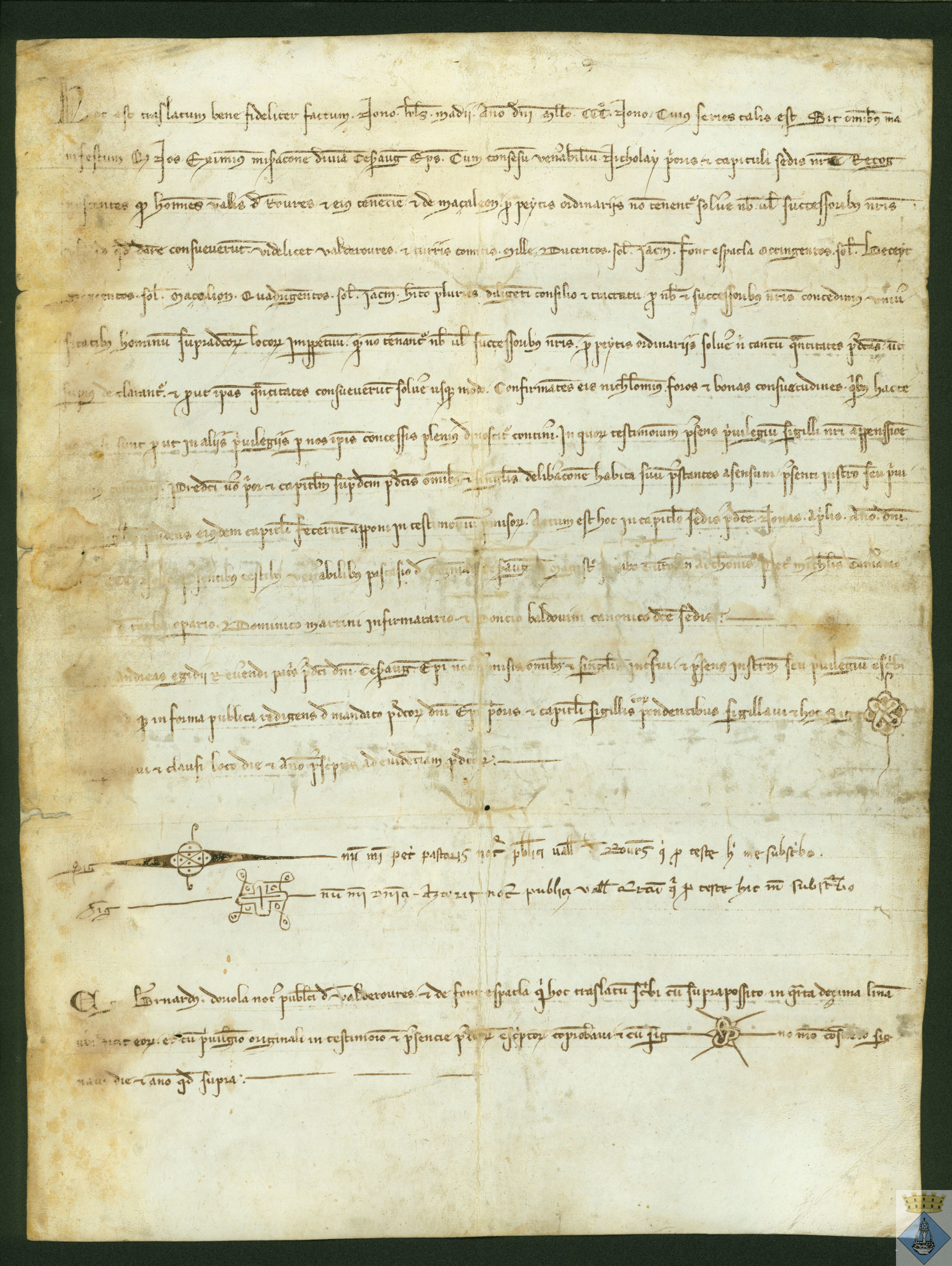 Jimeno de Luna, obispo de Zaragoza, concede a los hombres de Valderrobres, Mazaleón, Torre del Compte, Beceite y Fuentespalda no habrán de pagar por las pechas más de lo acostumbrado y les confirma sus fueros y privilegios