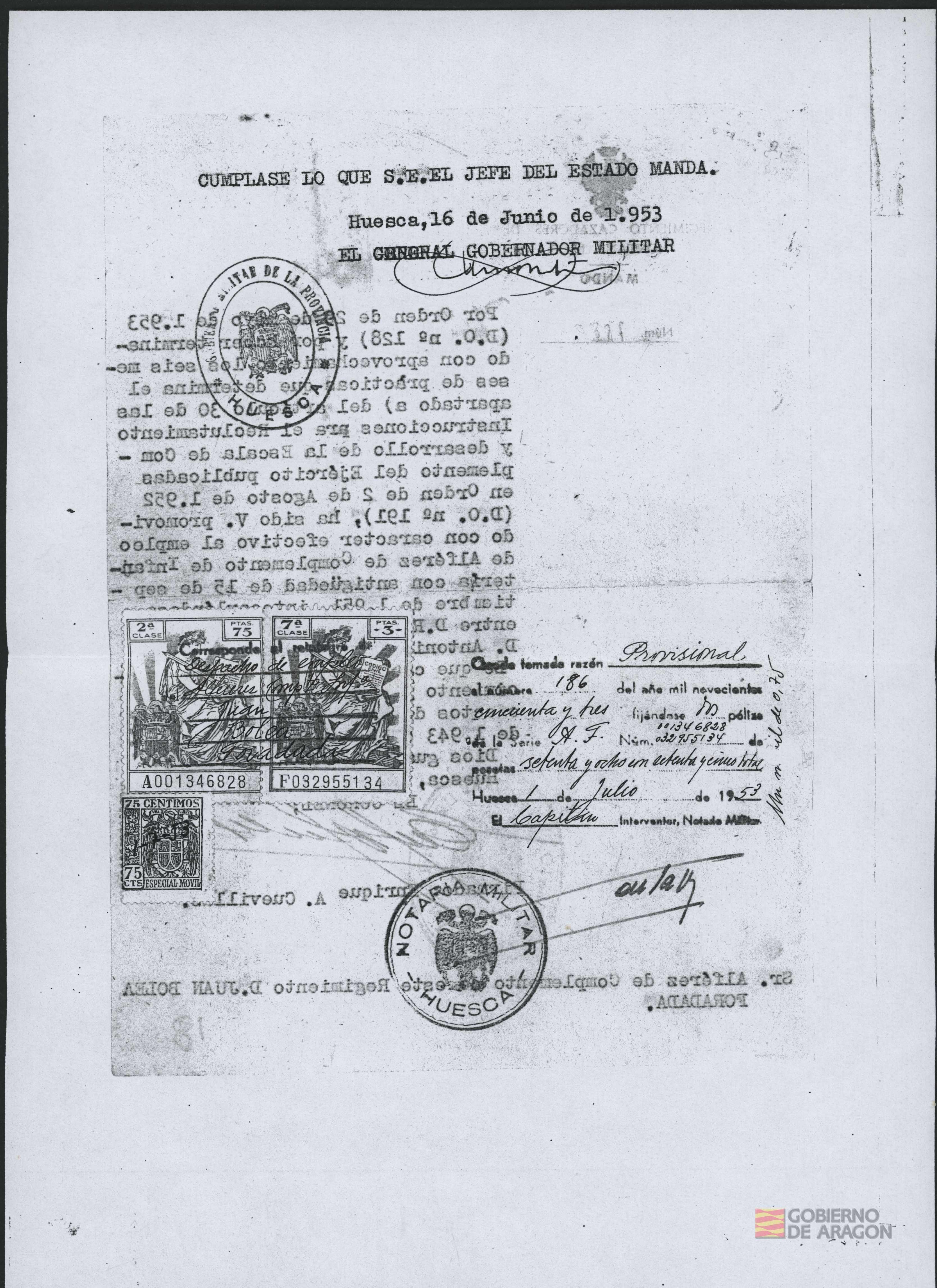 Comunicación del nombramiento de Juan Antonio Bolea Foradada como alférez de complemento