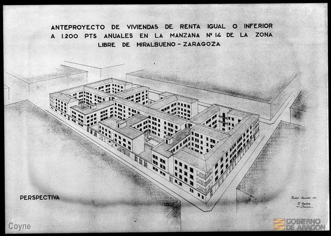 Planos para el anteproyecto de viviendas de renta igual o inferior a 1200 pesetas anuales en Miralbueno firmado por Francisco Lencina