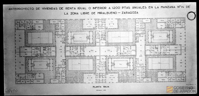 Planos para el anteproyecto de viviendas de renta igual o inferior a 1200 pesetas anuales en Miralbueno firmado por Francisco Lencina