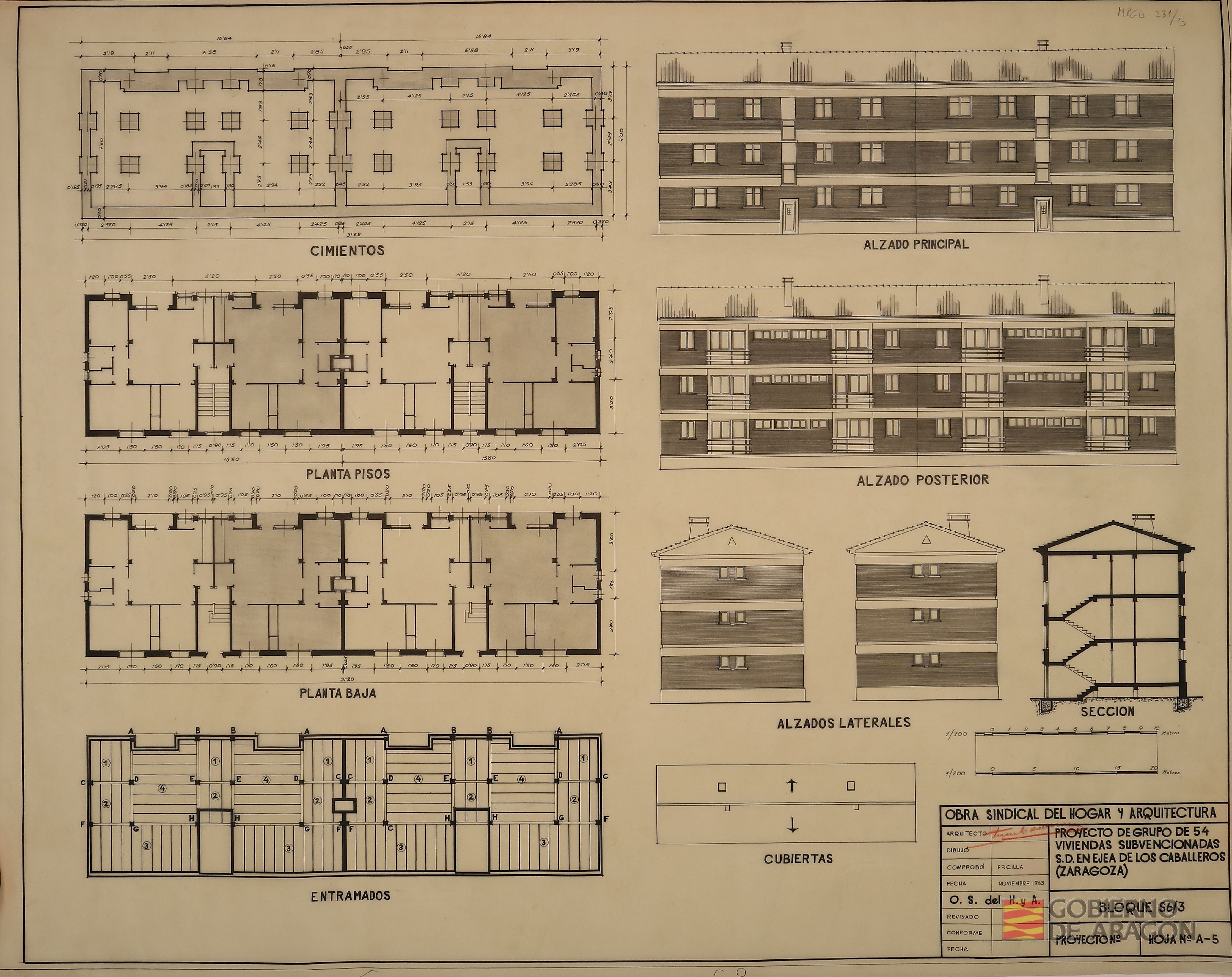 Proyecto de grupo de 54 viviendas subvencionadas S.D. en Ejea de los Caballeros. Hoja nº A-5 Bloque S 6/3.. Arquitecto: Fausto García Marco; Comprobó: L. Ercilla