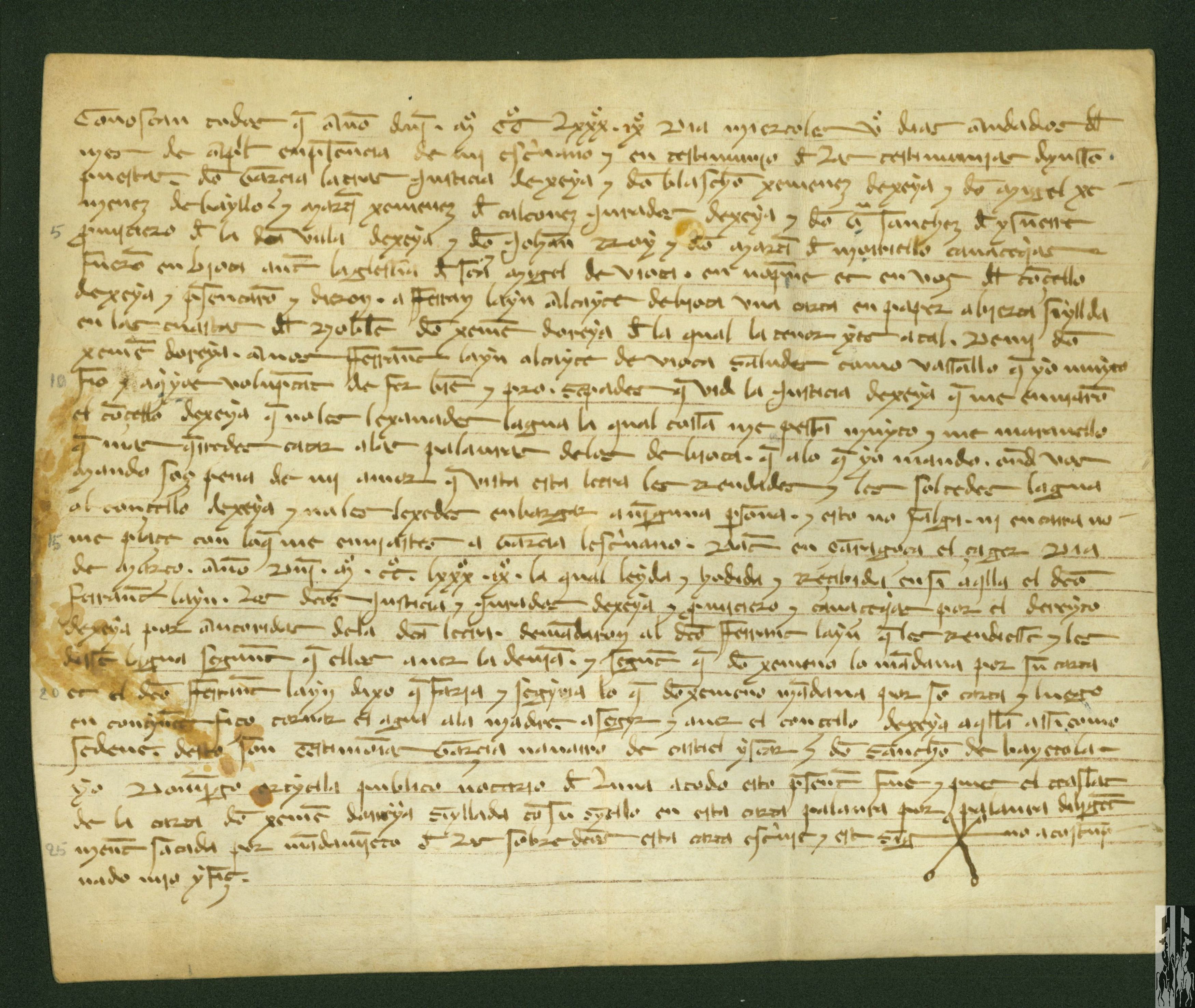 Los representantes del concejo de Ejea entregan a Fernando Laín, alcaide de Biota, una carta de Jimeno de Urrea, señor de este pueblo, para que permitan el paso del agua de riego a los de Ejea, tras lo cual el alcaide hace volver el agua a la madre