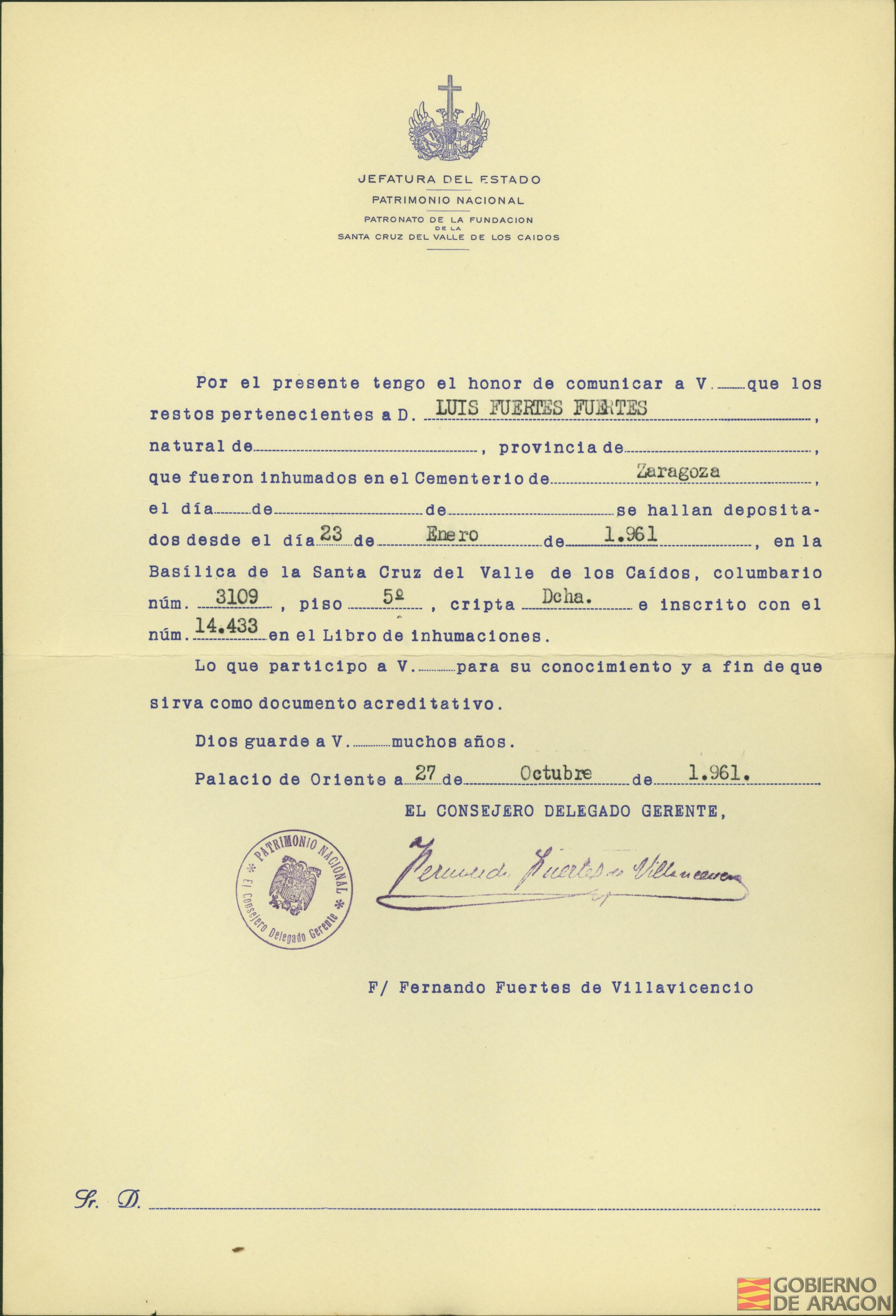 Traslado al Valle de los Caídos de los restos mortales de Luis Fuertes Fuertes el día 23 de enero de 1961