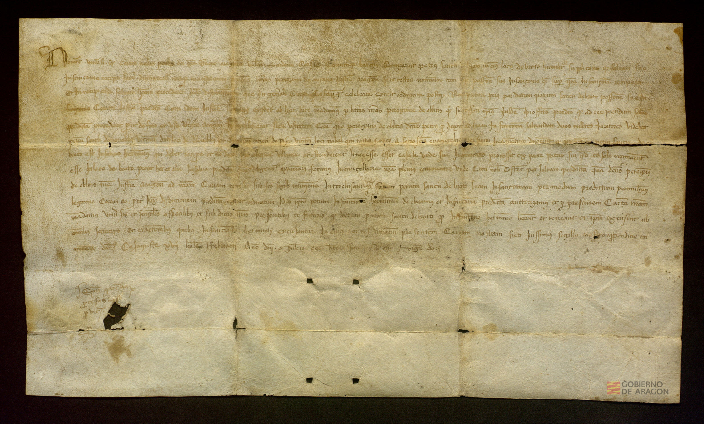Salva de infanzonía otorgada por Pedro IV a favor de Pedro Sánchez de Broto, vecino de Broto. Zaragoza