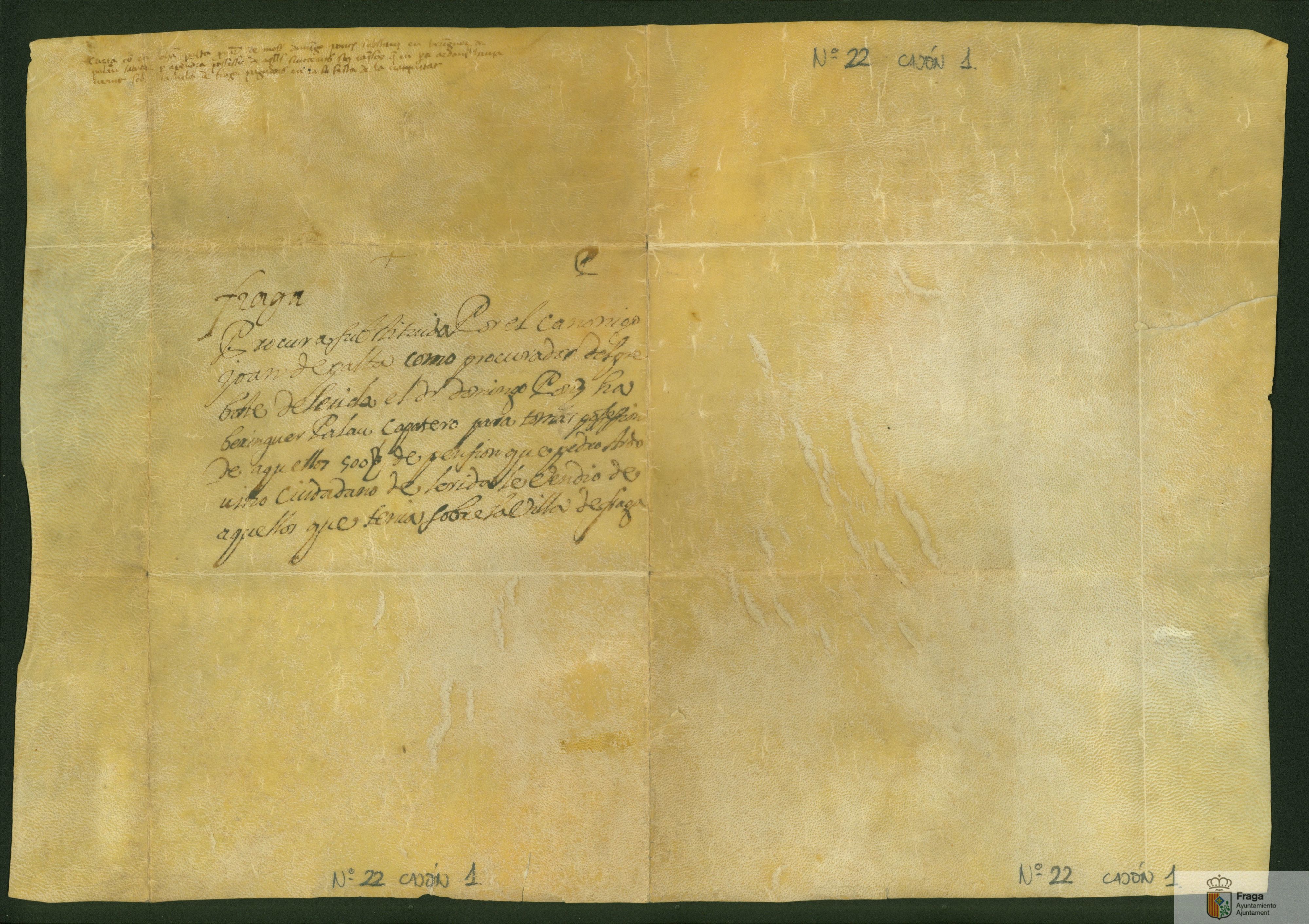 Procura instituida por el canónigo Juan de Peralta, procurador del preborde de Lérida, Domingo Ponz a Berenguer Palau, zapatero, para tomar posesión de un censal de 500 sueldos de pensión que Pedro Arduí, ciudadano de Lérida, le vendió, que tenía sobre la villa de Fraga.