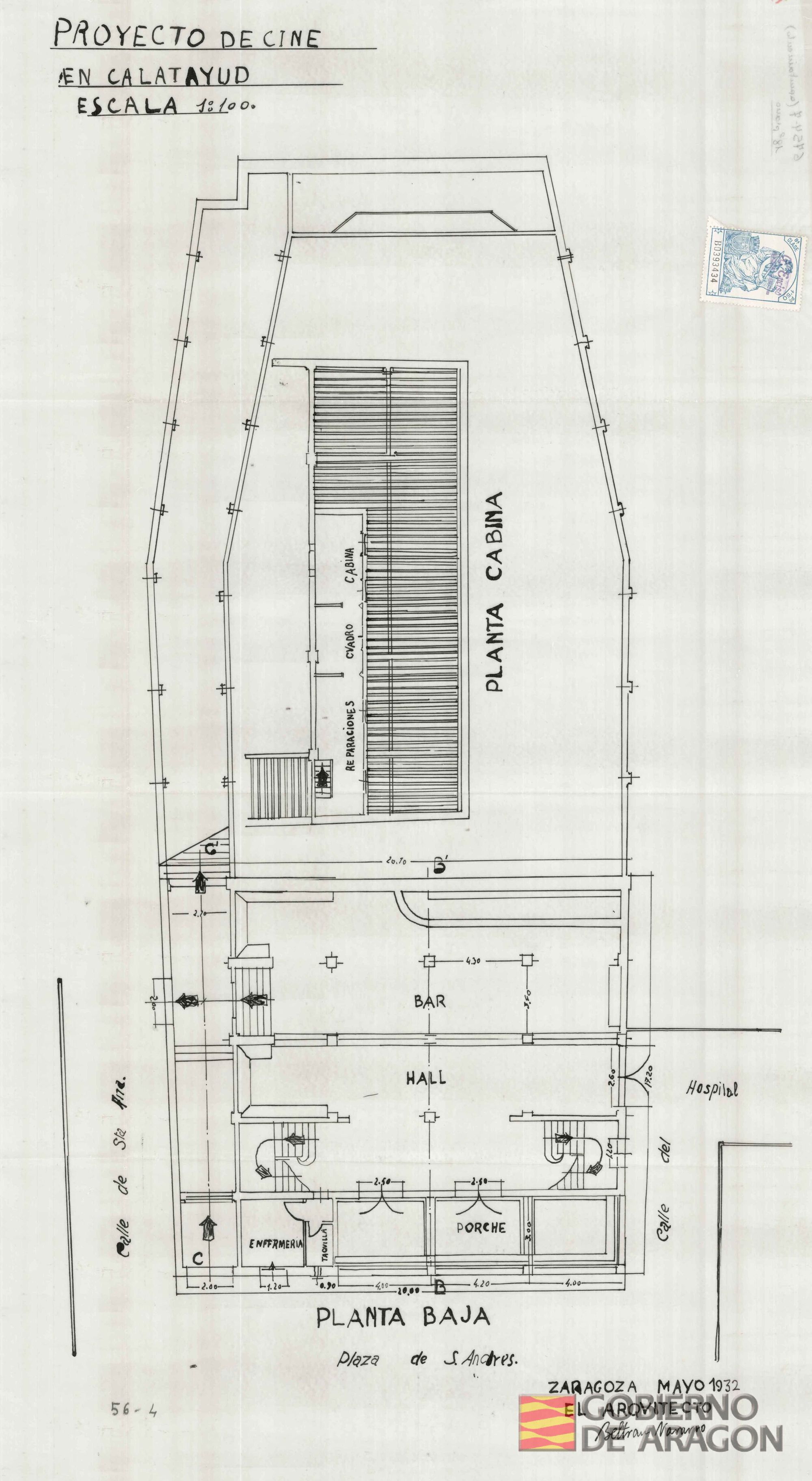 Proyecto de cine en Calatayud. Firmado por el Arquitecto Beltrán Navarro. Calatayud (Zaragoza)
