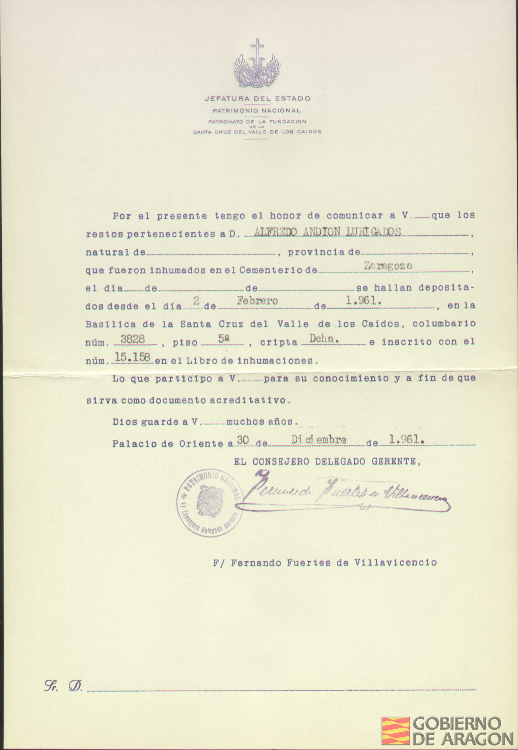 Traslado al Valle de los Caídos de los restos mortales de Alfredo Andión Lurigados el día 2 de febrero de 1961