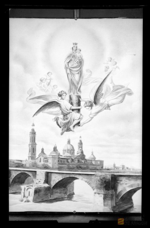 Fotografía de una estampa sobre la Venida de la Virgen a Zaragoza