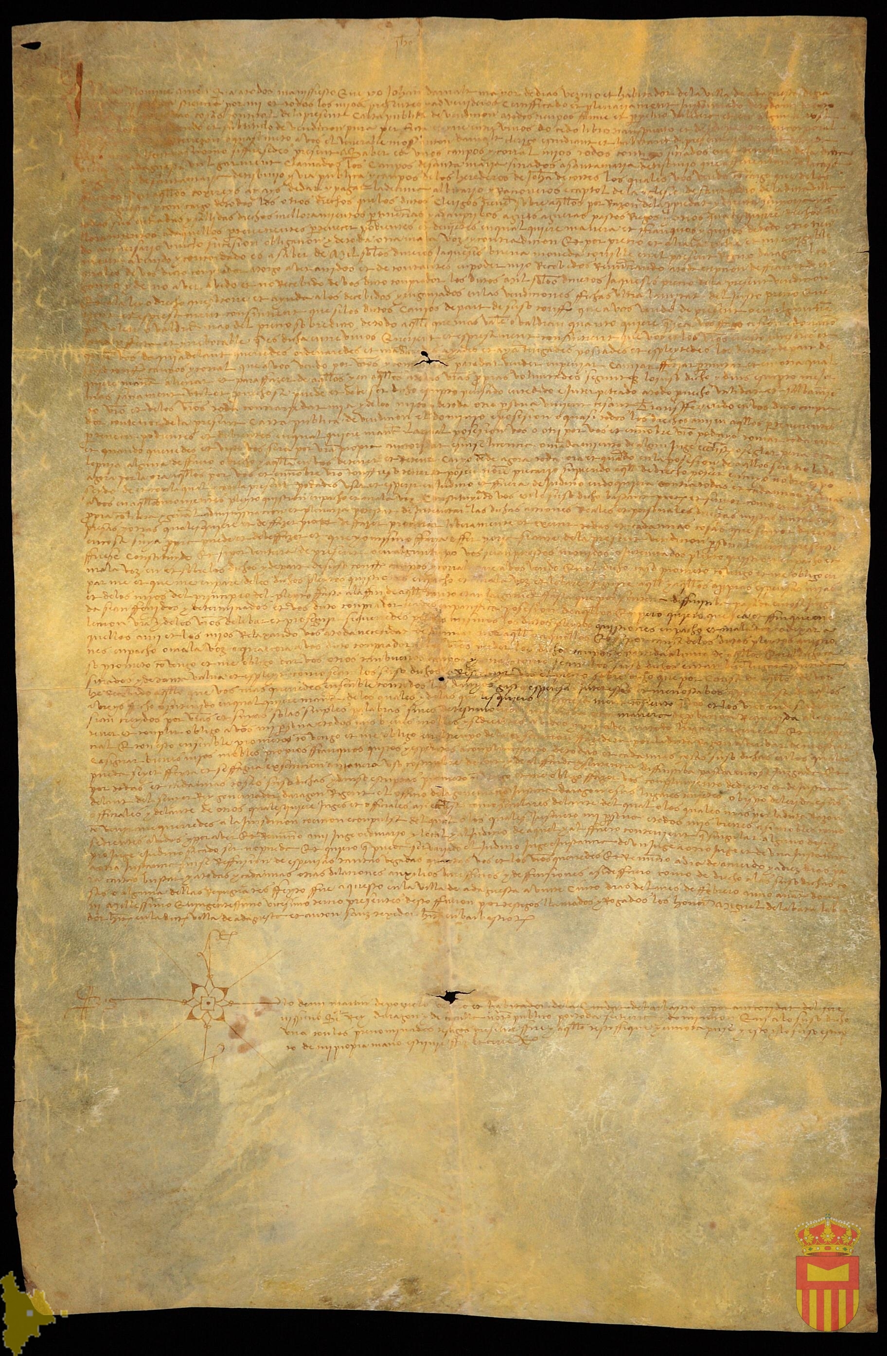 Carta de venta por la que Juan de Arnalt vende a Mossen Anton de Arnalt unos campos y un corral, con la obligación de pagar los diezmos a los racioneros de Treviño por mil sueldos jaqueses.