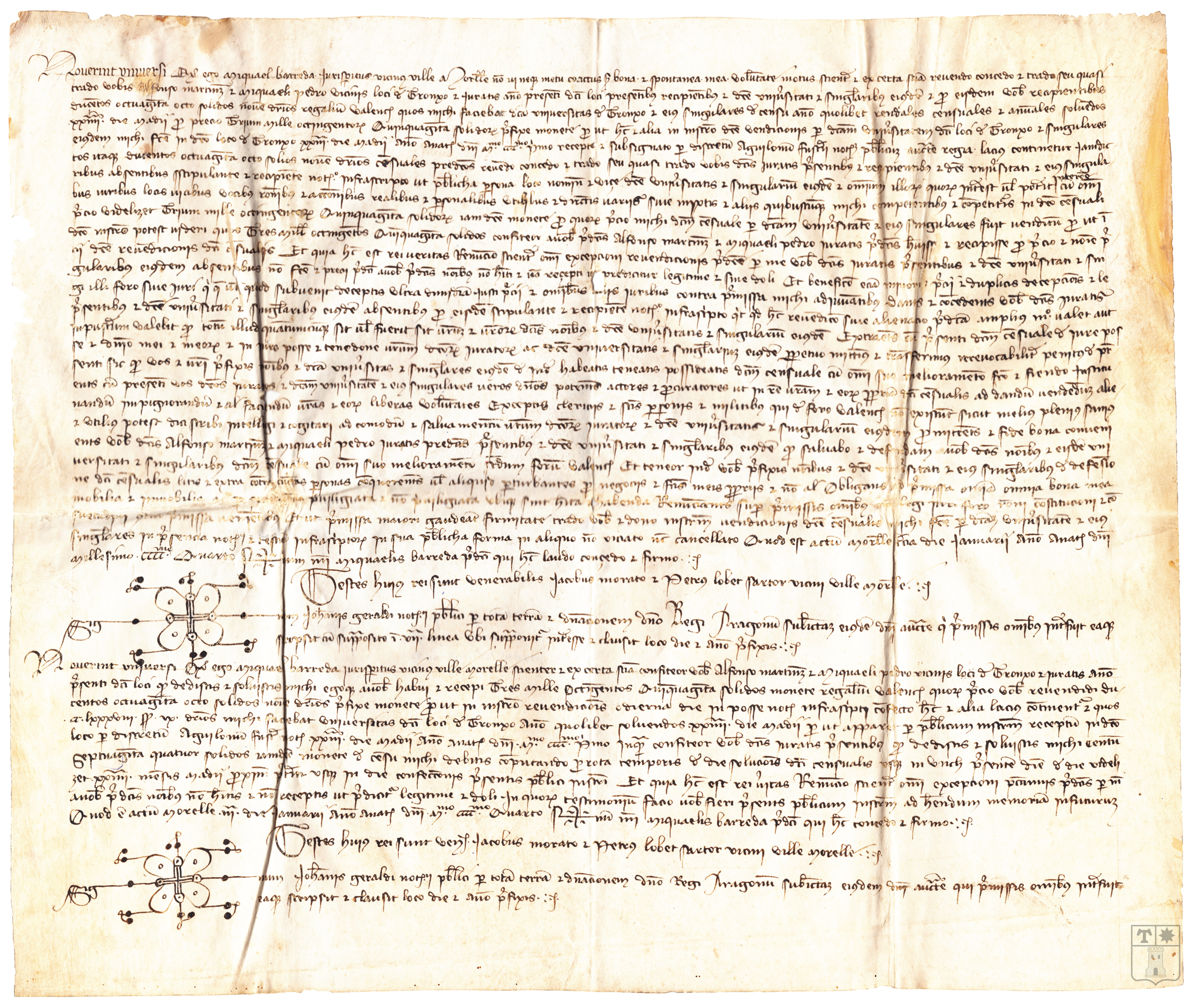 Luición de censal de 288 sueldos reales valencianos de Miguel Barreda al Concejo de Tronchón por 3.850 sueldos. Con albarán de Miguel de Barreda de los 3.850 sueldos recibidos del Concejo