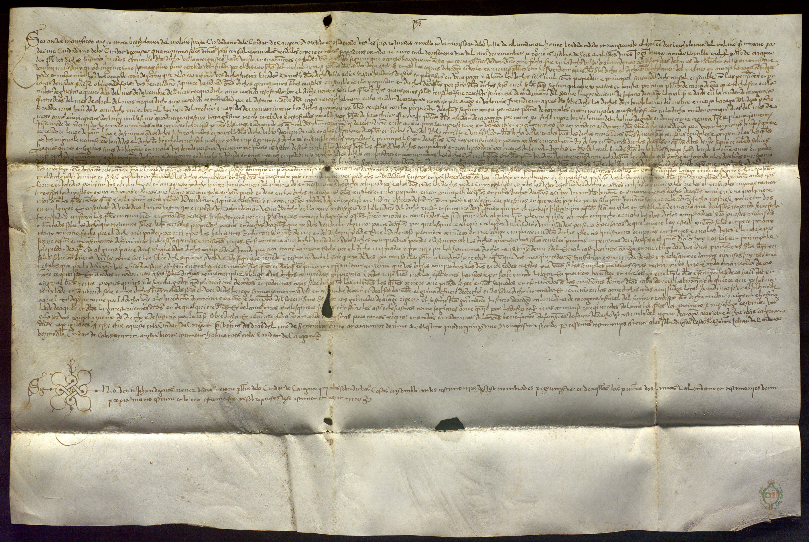 Bartolomé del Molino, ciudadano de Zaragoza, otorga al concejo de Almudévar la luición de un censal de 400 sueldos jaqueses de renta anual, por precio de 6.000 sueldos