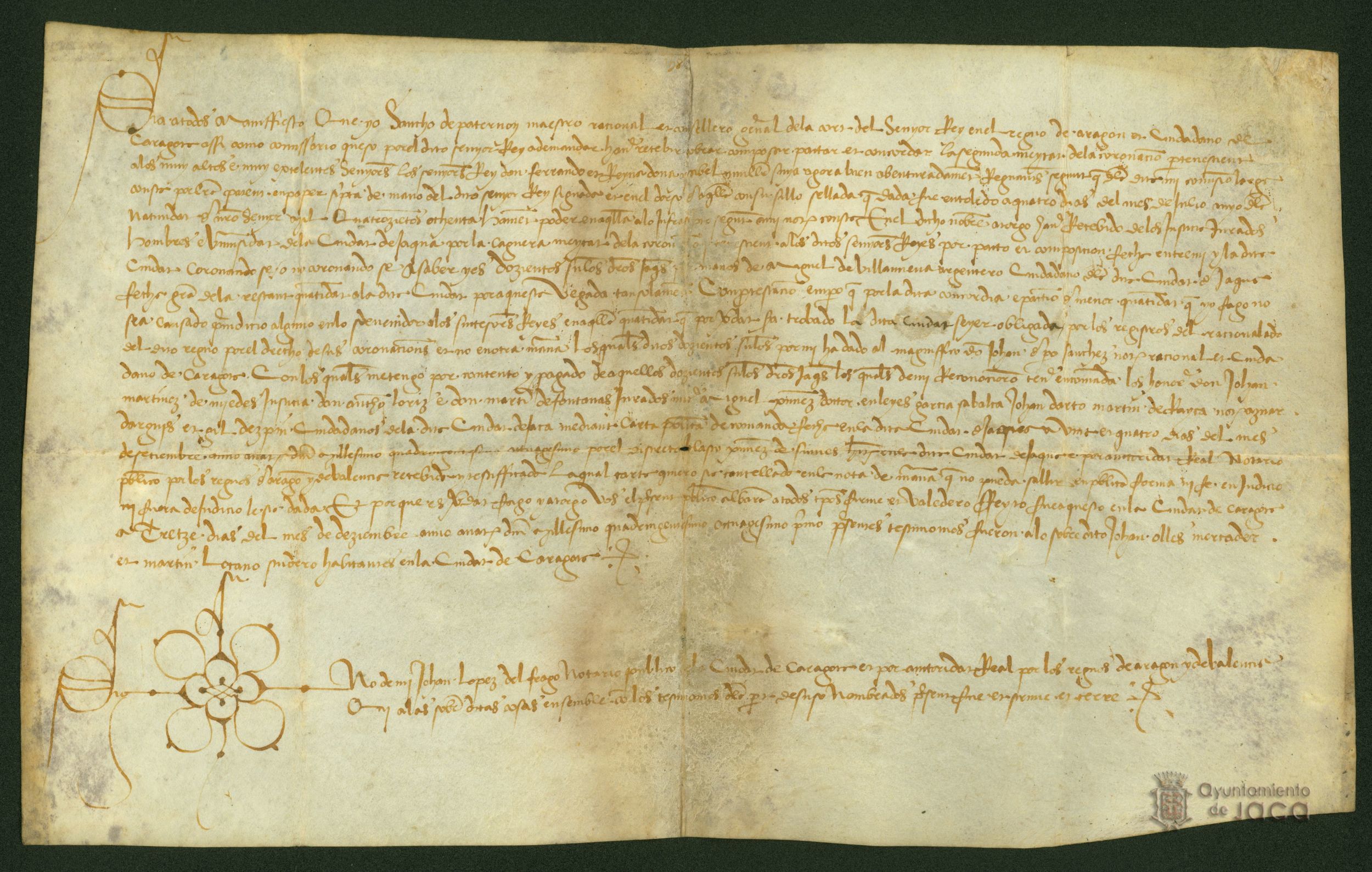 Sancho de Paternoy, consejero del Rey en el Reino de Aragón, hace recibo del pago de 200 sueldos de dineros jaqueses, que el Concejo de Jaca debía pagar por el segundo pago de los derechos de coronación del rey Fernando II de Aragón, e Isabel I de Castilla