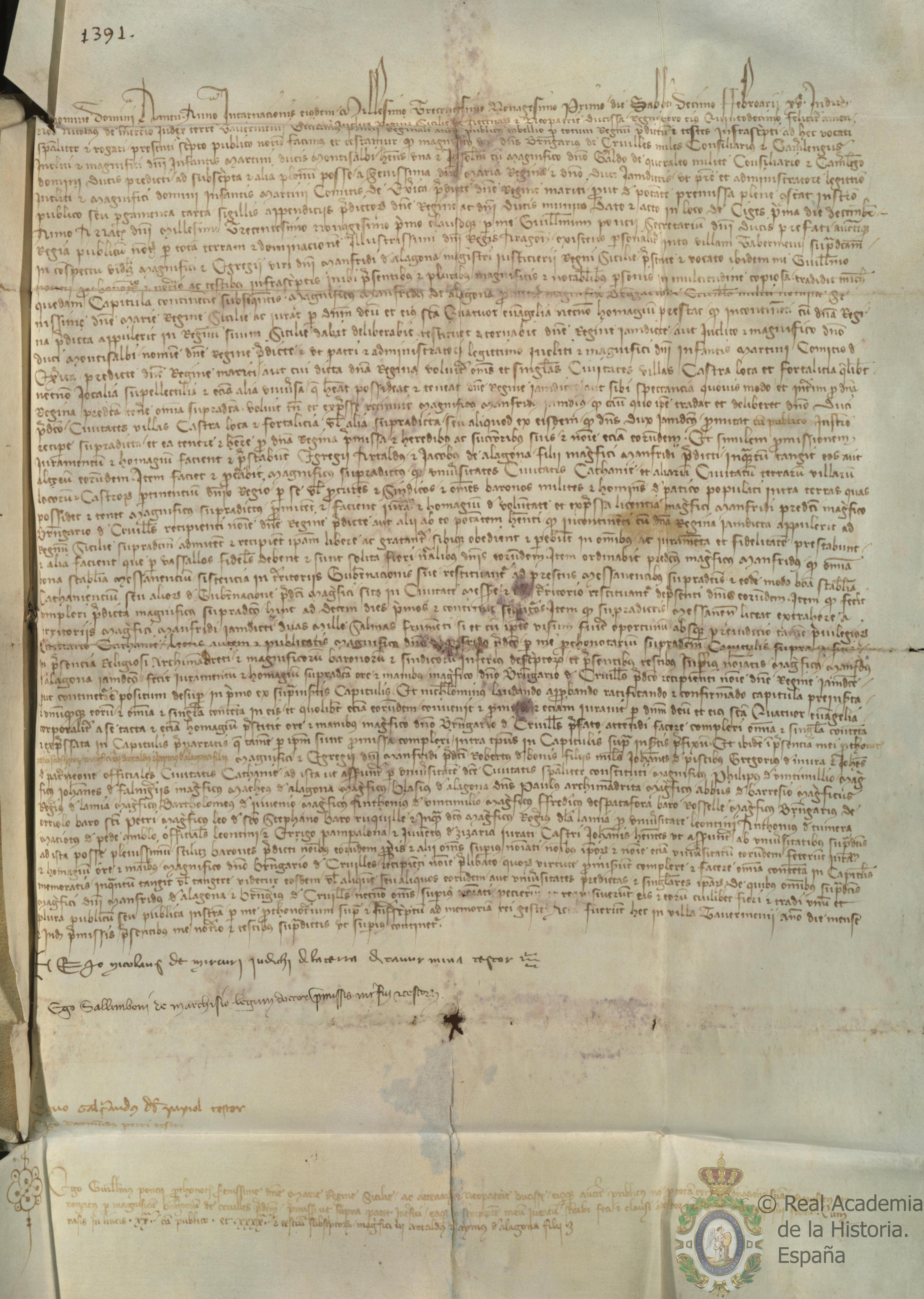 Homenaje y juramento de fidelidad prestado por Manfredo de Alagón, maestre justicier del reino de Sicilia, a Berenguer de Cruilles y Gueral de Queralt, consejeros y camarlengos de Martín, infante de Aragón y duque de Montblanc, como apoderados de María, reina de Sicilia, y del dicho Martín, en su propio nombre y como administrador de su hijo Martín, conde de Jérica, bajo ciertas condiciones