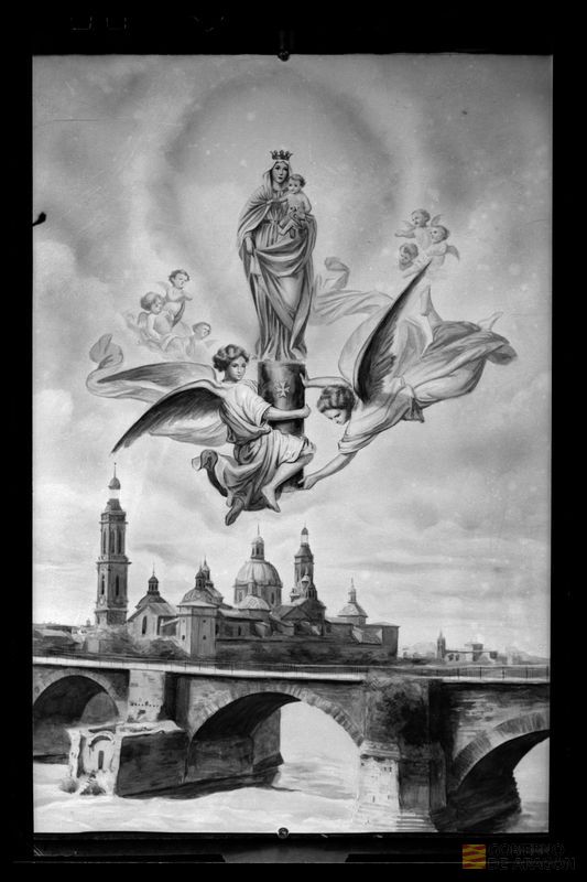 Fotografía de una estampa sobre la Venida de la Virgen a Zaragoza