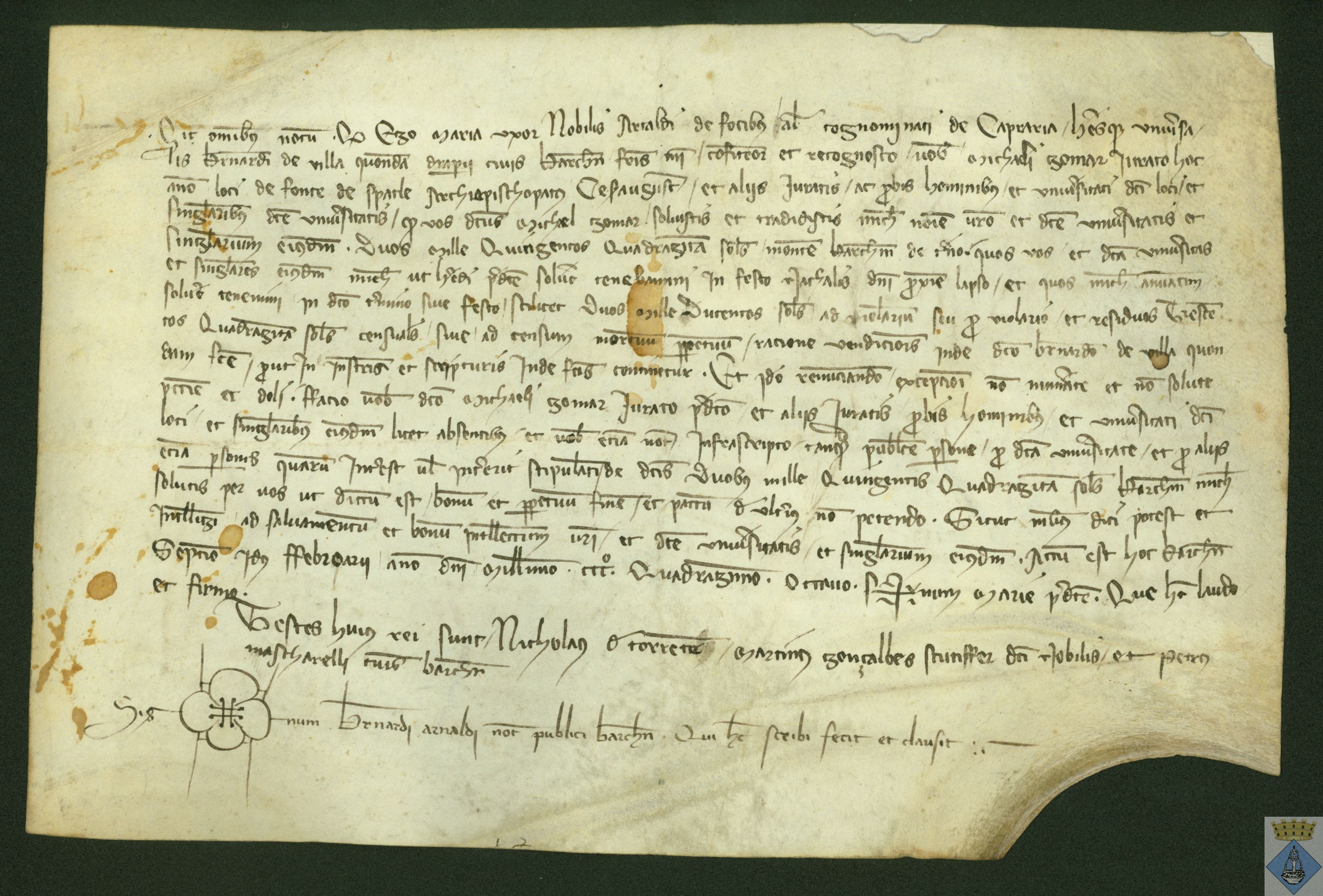 Albarán de 2.500 sueldos de María, esposa de Artal de Foces, a favor del Concejo y Universidad de Fuentespalda, por un censal