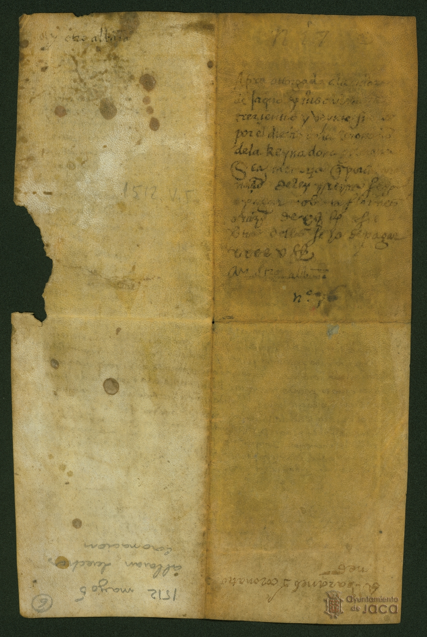 Luis Gonzalez, receptor en nombre del Rey de los derechos de coronación, hace recibo del pago de 320 sueldos de dineros jaqueses que el Concejo de Jaca debía pagar, como segundo pago de los 45 florines de oro que eran el total de los derechos de coronació