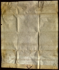 Proceso ante Juan Pérez de Caseda, lugarteniente del Justicia de Aragón, iniciado por Sancho Jusía, porcionero de la iglesia de Almudévar, contra el concejo de la villa de Almudévar, para confirmar un censal de 300 sueldos anuales que el citado concejo había vendido al denunciante