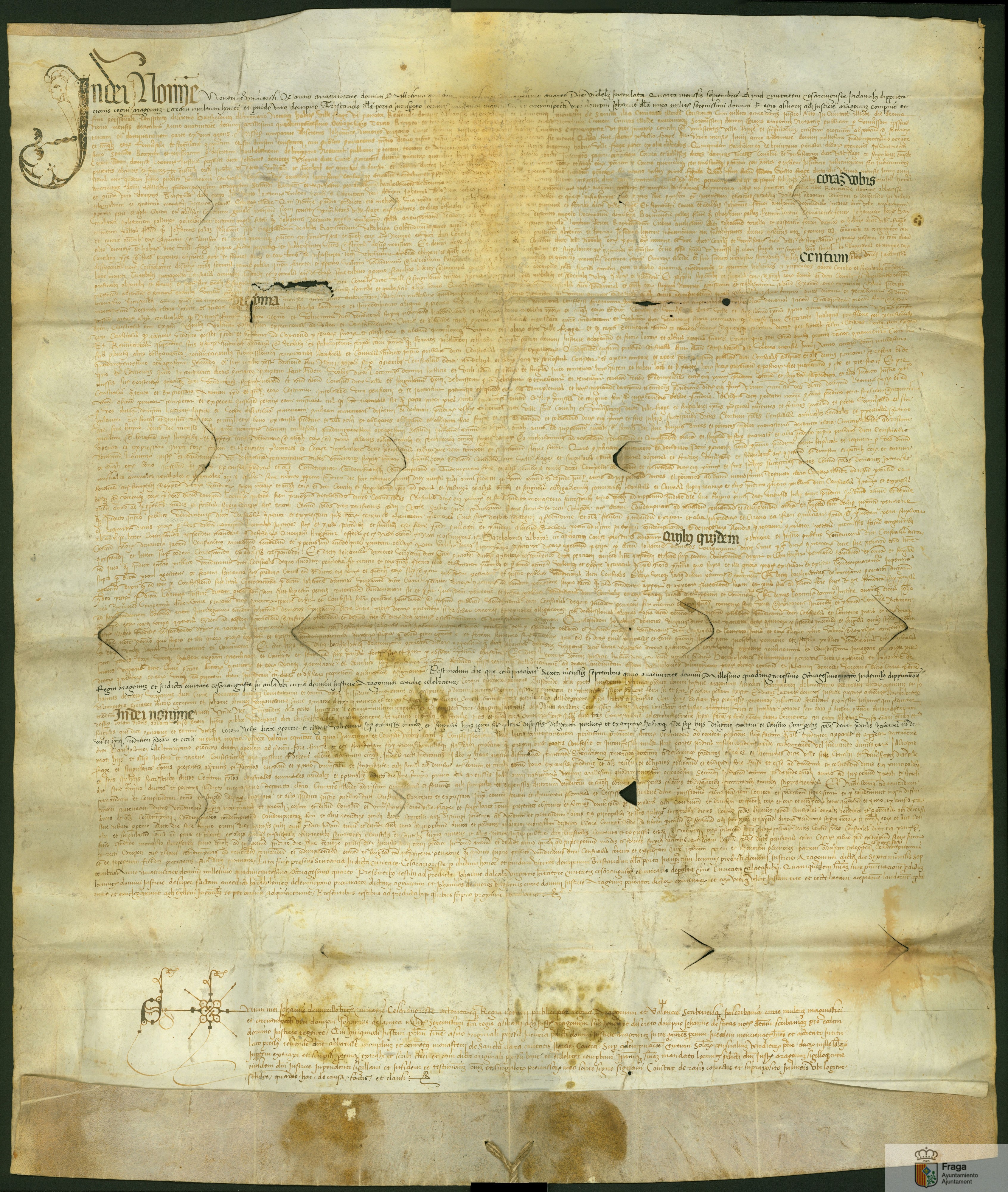 Sentencia del lugarteniente del Justicia de Aragón por la que confirma un censal de 100 sueldos de pensión anual que el Concejo de Fraga debía pagar a las monjas de Santa Clara, de Lérida.