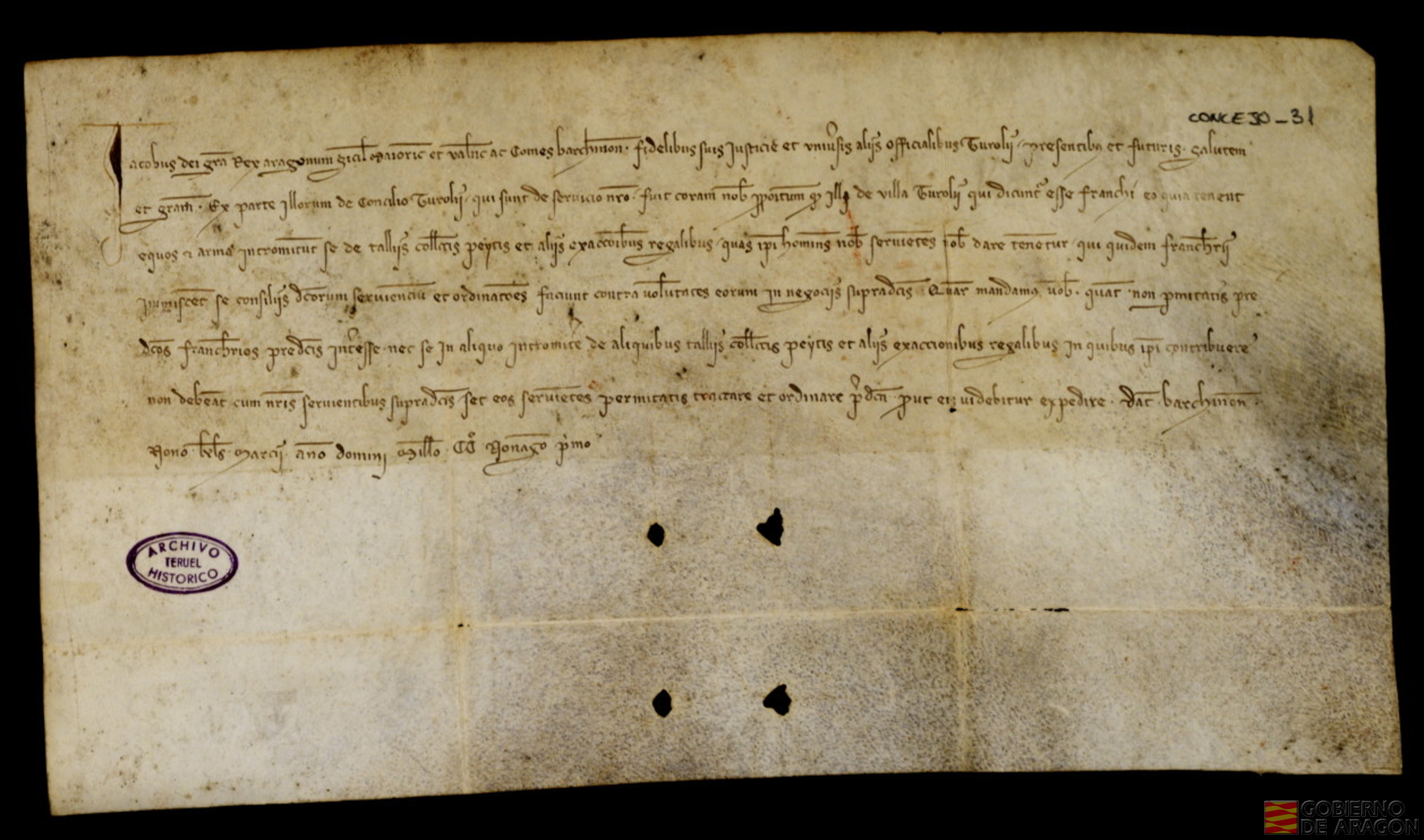 Privilegio real del Rey Jaime II ordenando que los turolenses francos de pechas, por poseer caballo y armas no se entrometan en las exacciones reales y pechas de los que se hallan a sus servicios