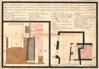 Planta y sección del perfil del terreno de las casas de Don Felipe Sanclemente y de Don Antonio del Cacho, el de las inmediaciones del Pozo Común que se letiga, con inclusión de éste, previniéndose que el lavado encarnado manifiesta el terreno en planta y perfil de la Casa de dicho Sanclemente, y el pagizo el de Don Antonio del Cacho, mandado levantar por el M. I. S. Don Pedro María Ric, Juez de Provincia, con su esplicación por Números. Firmado por Francisco Rodrigo