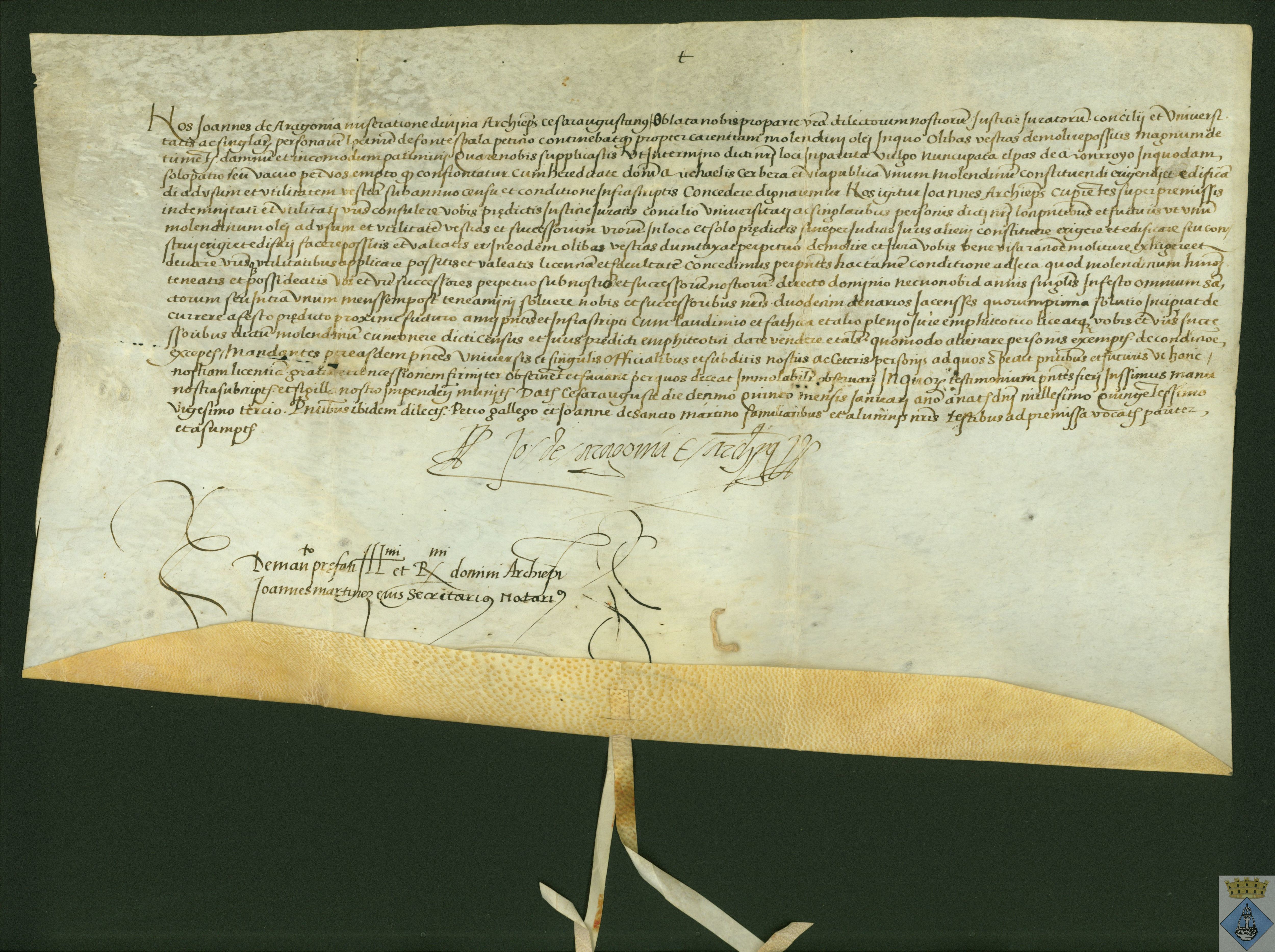 Juan de Aragón, arzobispo de Zaragoza, concede a la Universidad de Fuentespalda el poder de hacer uso de un molino a condición del pago de 12 dineros anuales (por todos los Santos)