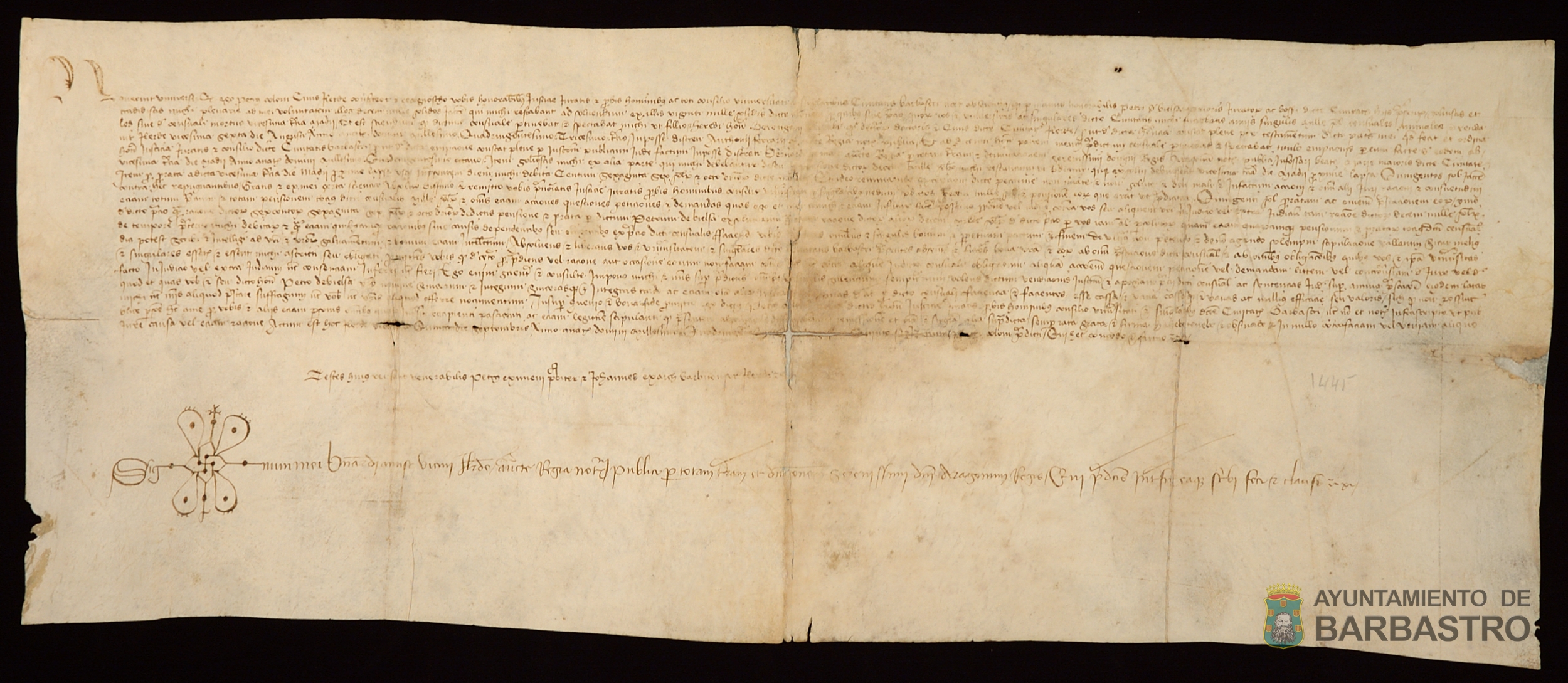 Pedro Colom, ciudadano de Lerida, hijo y heredero de Berengario Colom, reconoce haber recibido del Concejo de Barbastro los 10.000 sueldos jaq. que restaban de los 20.000 sueldos de precio o suerte principal del censo de 1000 sueldos de pension anual que el Concejo vendio a su padre