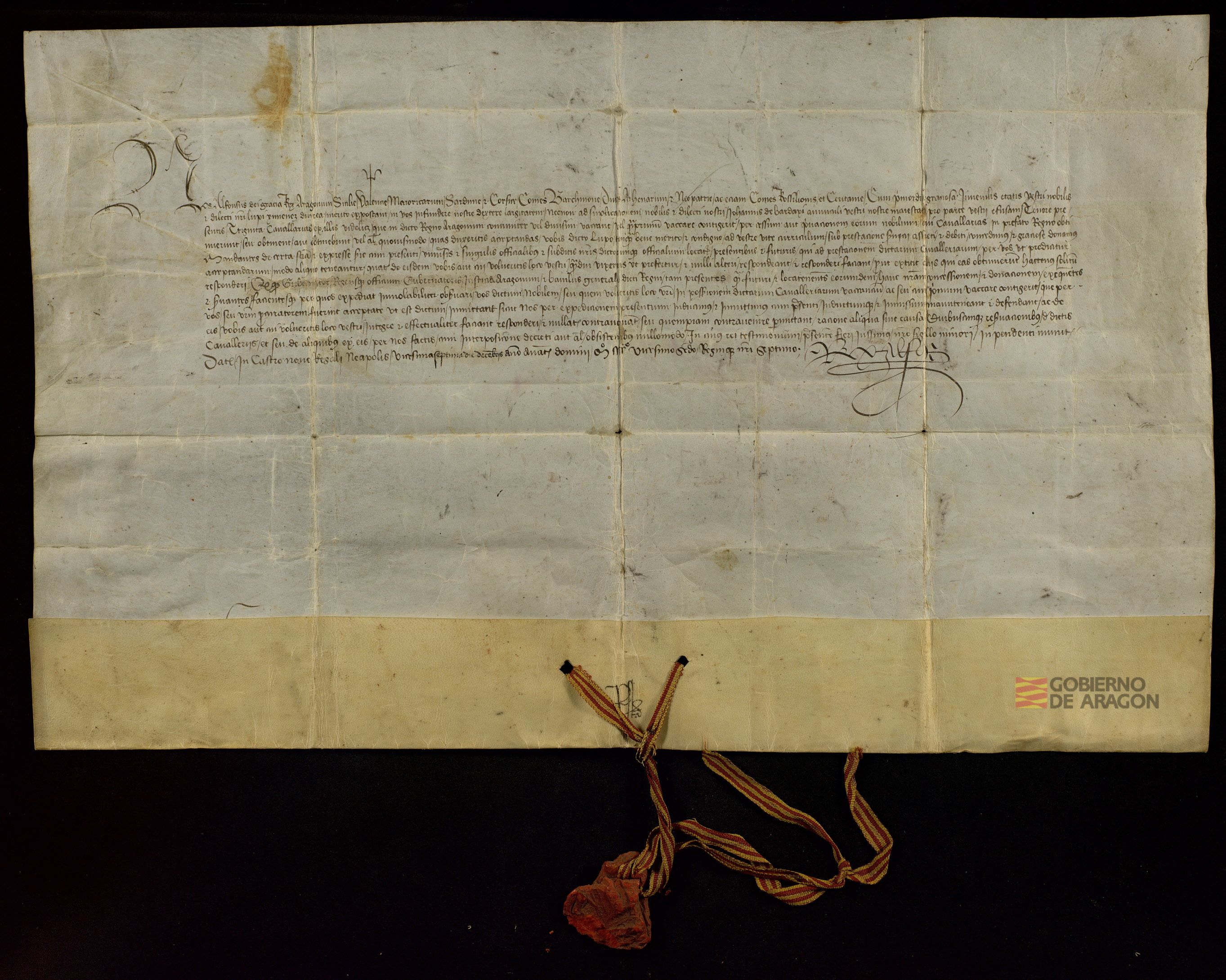Alfonso V, rey de Aragón, concede treinta caballerías sobre las rentas del reino de Aragón a Lope Jiménez de Urrea, que lo había suplicado al monarca a través de Juan de Bardají
