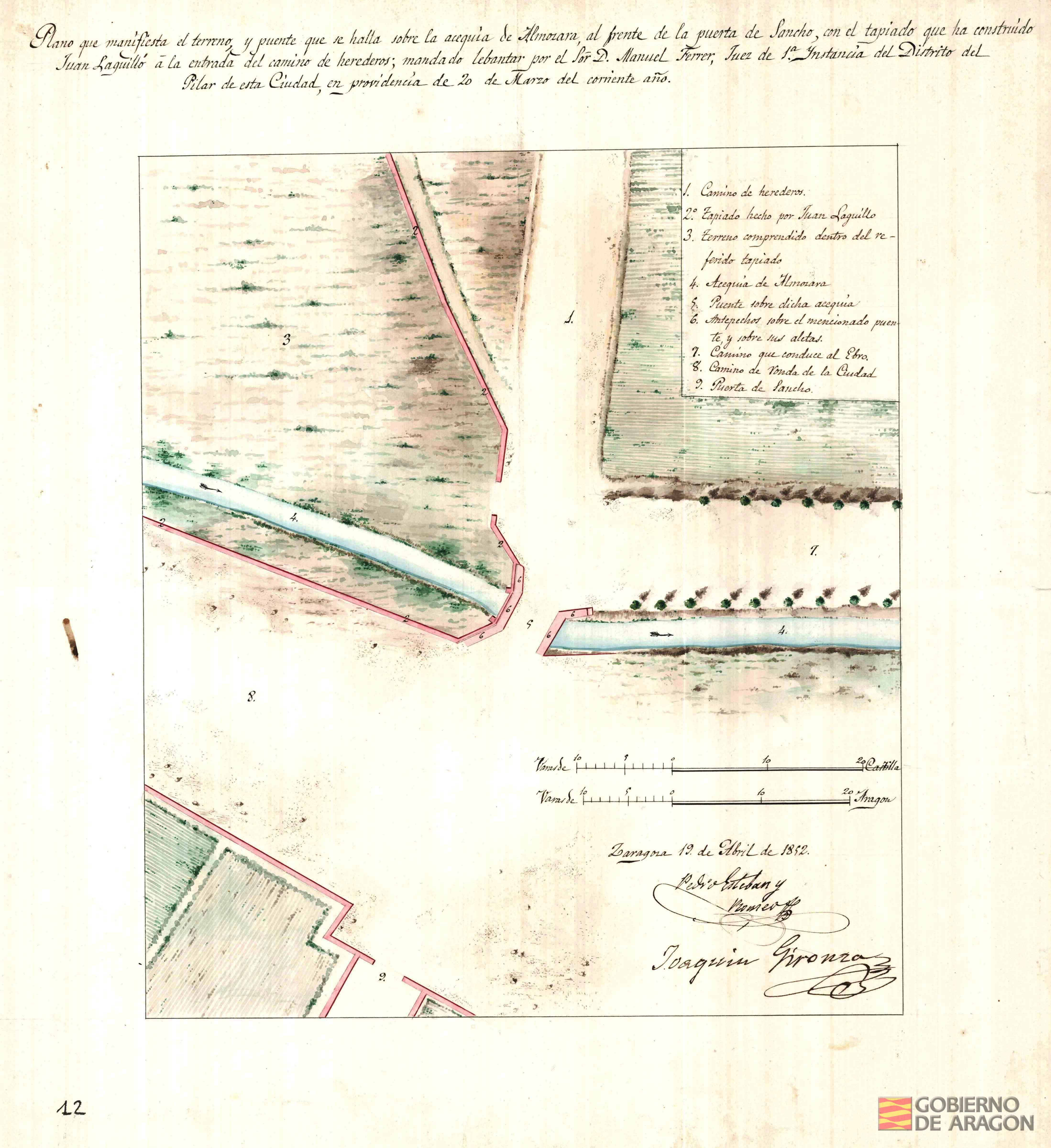 Plano que manifiesta el terreno y puente que se halla sobre la acequia de Almozara, al frente de la puerta de Sancho, con el tapiado que ha construido Juan Laguilló a la entrada del camino de Herederos, mandado levantar por Don Manuel Ferrer, Juez de 1ª. Instancia del Distrito del Pilar. Firmado por Pedro Esteban y Romeo y Joaquín Gironza