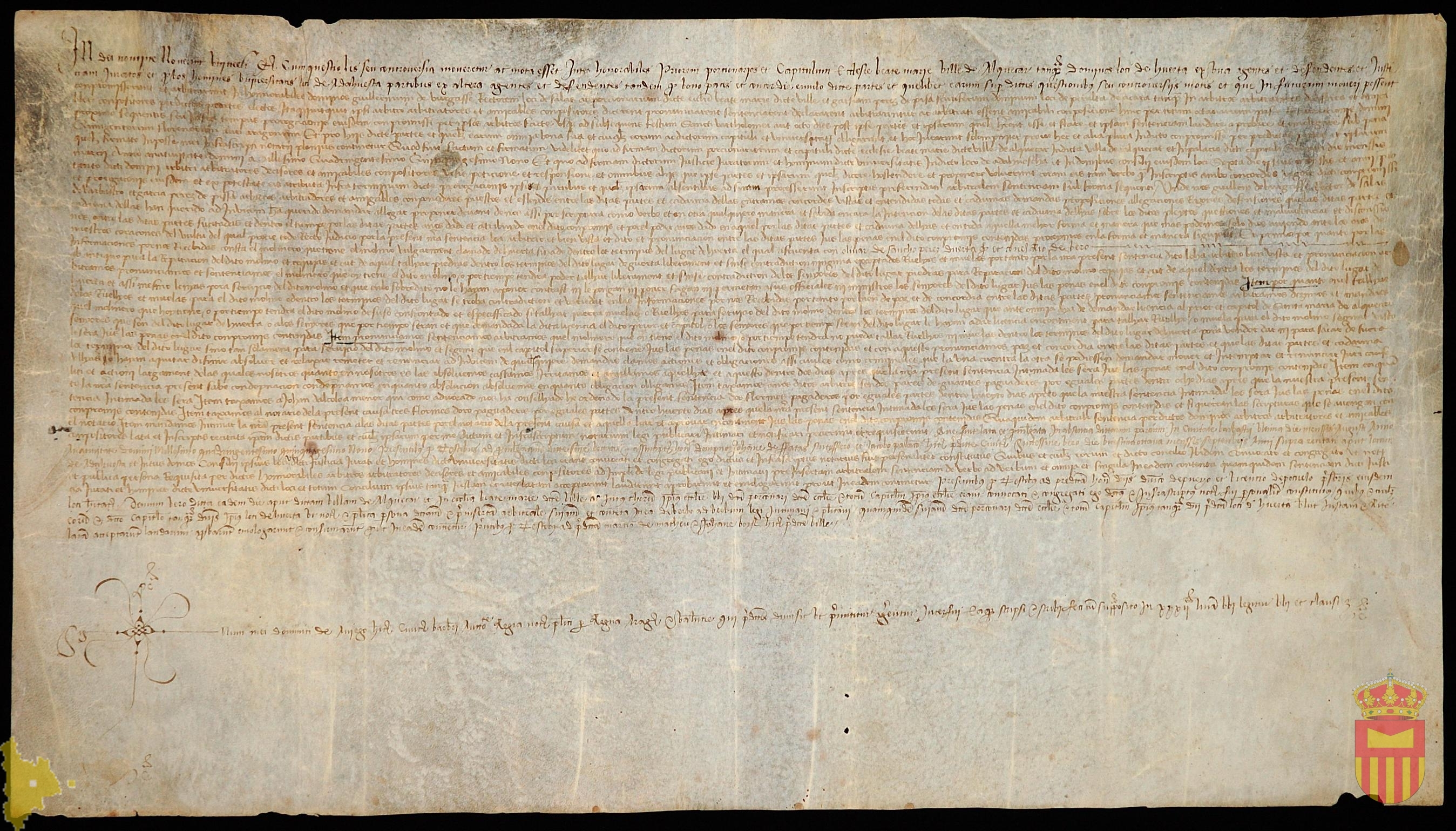 Compromiso y sentencia arbitral entre el concello y jurados de Adahuesca y el prior y racioneros de Alquézar por la que se permite a los de Adahuesca tallar piedra para sus propios molinos pero no para vender
