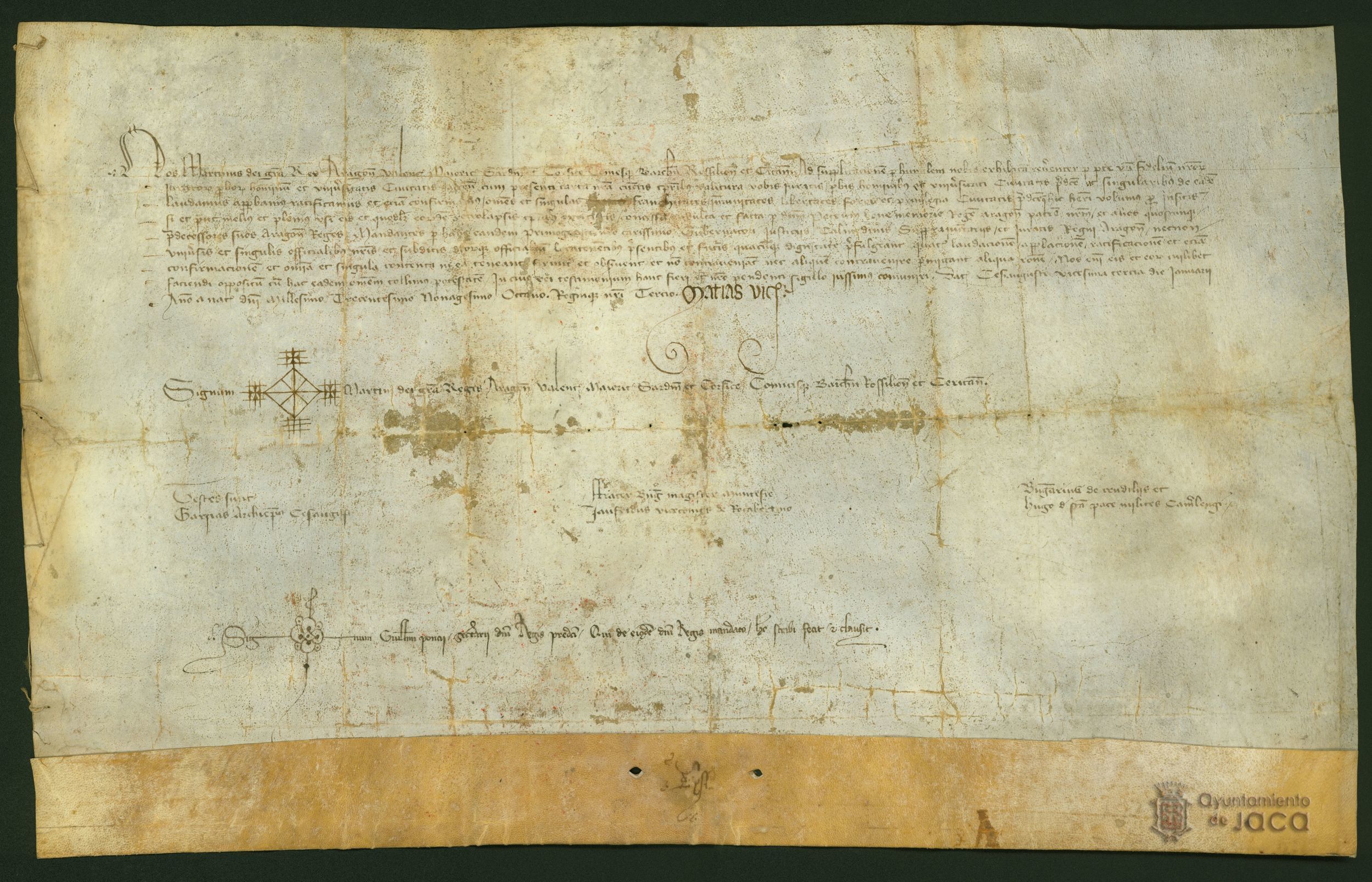 Martín I, rey de Aragón, confirma a la ciudad de Jaca todas las franquicias, fueros y privilegios que ya tenía por concesión de su padre, Pedro IV de Aragón, y por sus antecesores