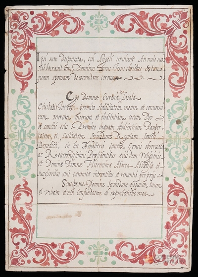 Carta de profesión de Orosia de Lasala, de la ciudad de Jaca, en el monasterio de Santa Cruz de Jaca