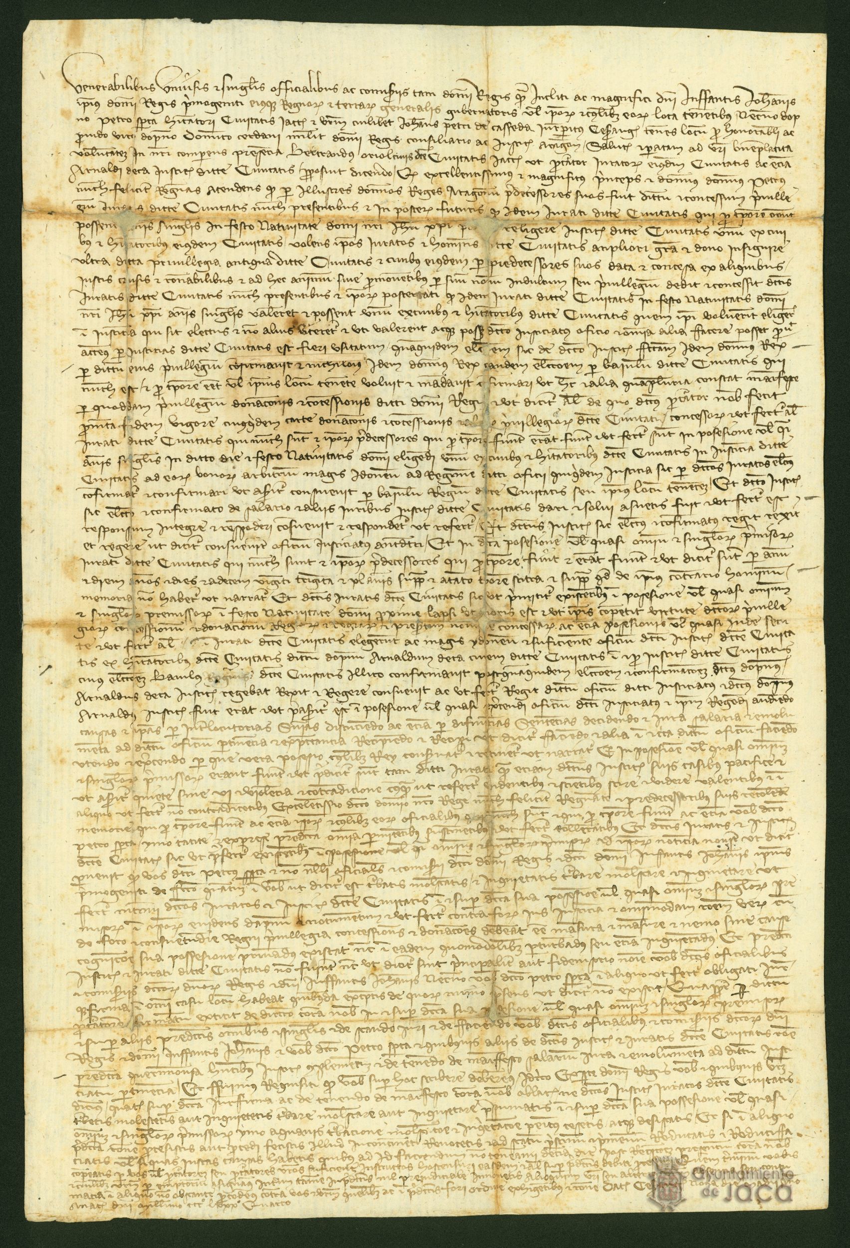 Juan Pérez de Caseda, lugarteniente del justicia de Aragón, ordena que Arnaldo de Esa sea considerado justicia de Jaca, elegido de acuerdo con los privilegios regios