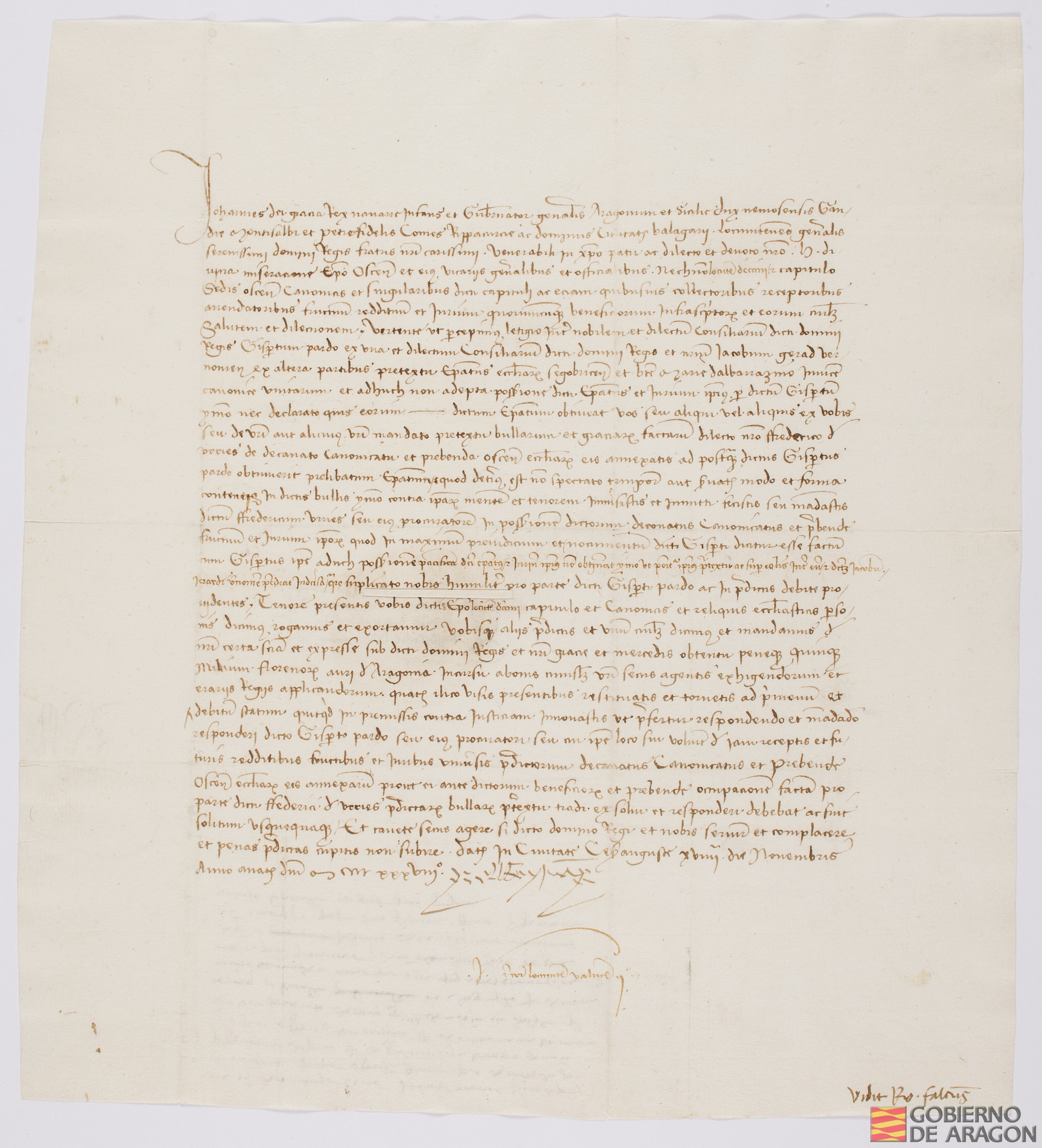 Juan II, rey de Navarra y Gobernador General de Aragón, manda al obispo y cabildo de la sede de Huesca que restituyan a su estado lo que se cambió contra justicia y con motivo del pleito entre Gisperto Pardo y Jaime Gerard sobre el obispado de Segorbe y Albarracín