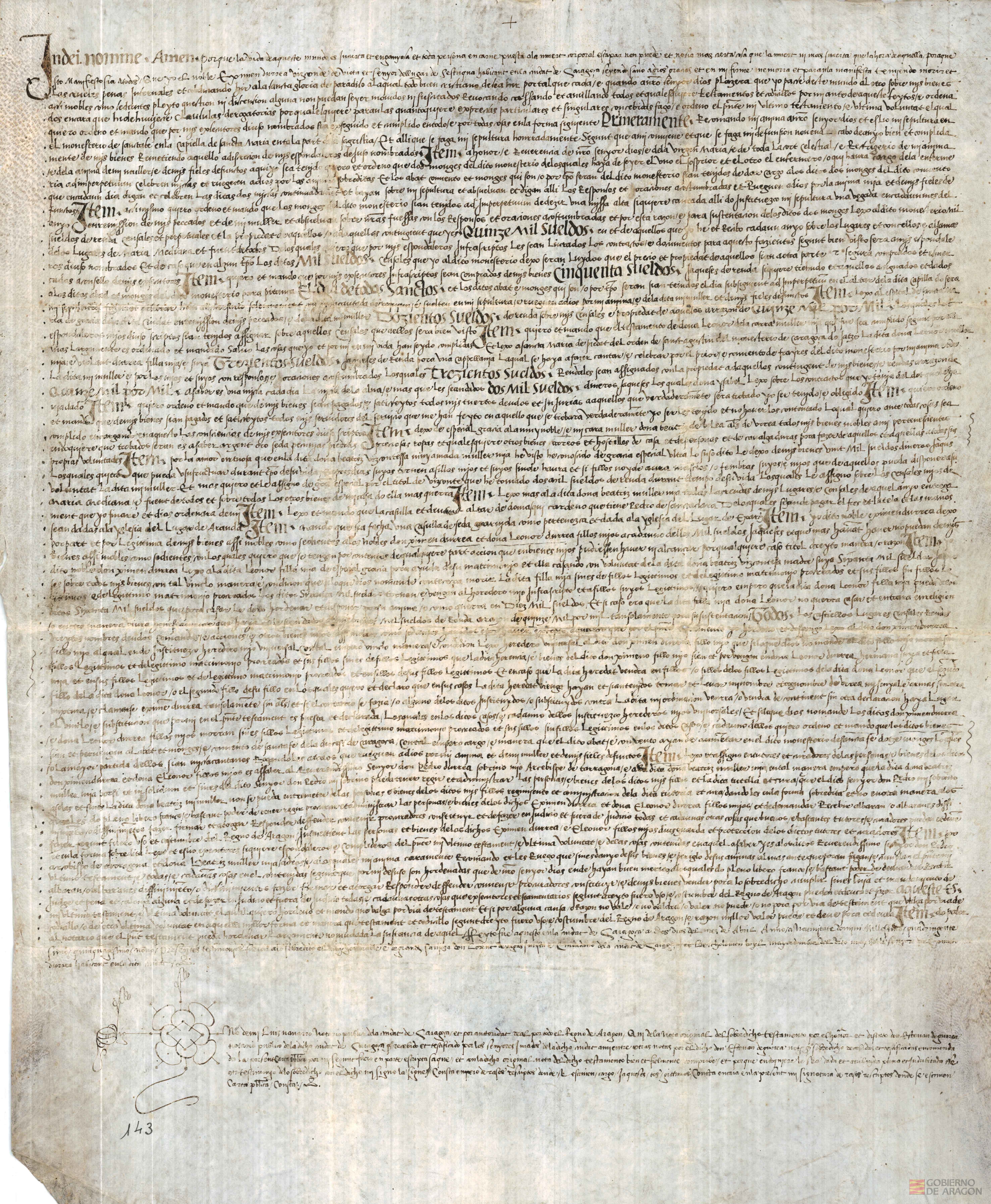 Testamento del noble D.Eximen de Urrea,Vizconde de Biota y señor de Sestrica,ante el notario Esteban de Gurrea