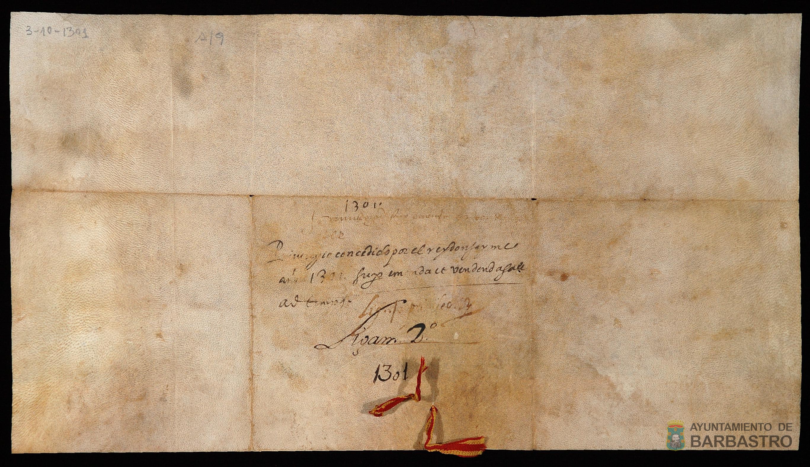 Jaime II ordena que el subsidio de la sal de doce dineros jaqueses pagaderos por cada habitante mayor de siete años y durante dos años, acordado el año anterior para pagar sus deudas, sea en este año de diez dineros jaqueses por cada miembro de la familia que tenga siete o más años.