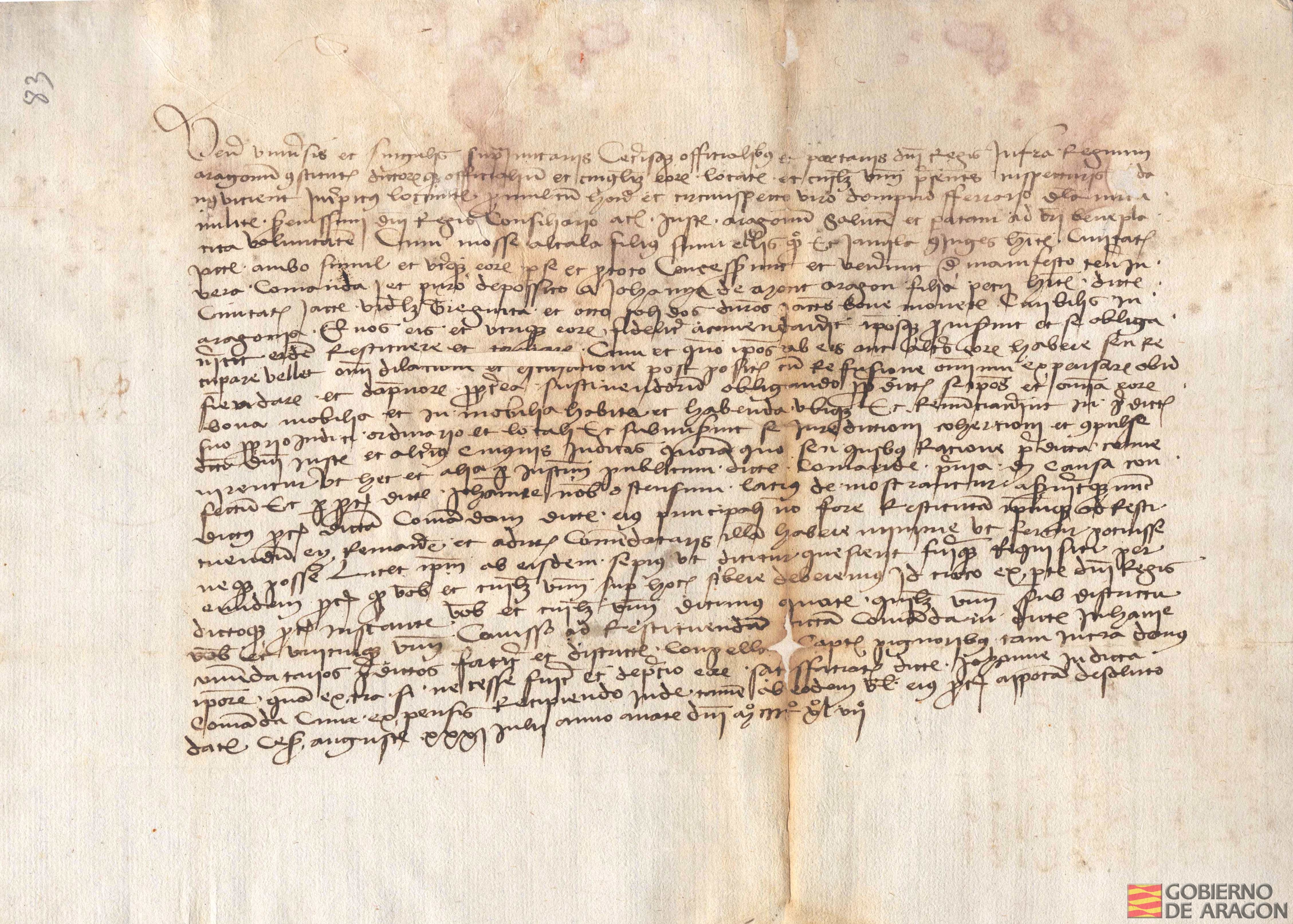 Jordán Vicent, lugarteniente del Justicia de Aragón, escribe a los oficiales del reino para que obliguen a Mosse Alcalá y su mujer, habitantes en Jaca, a restituir a Juana de Montearagón los 31 sueldos jaqueses de una comanda que aquellos tenían de ésta.