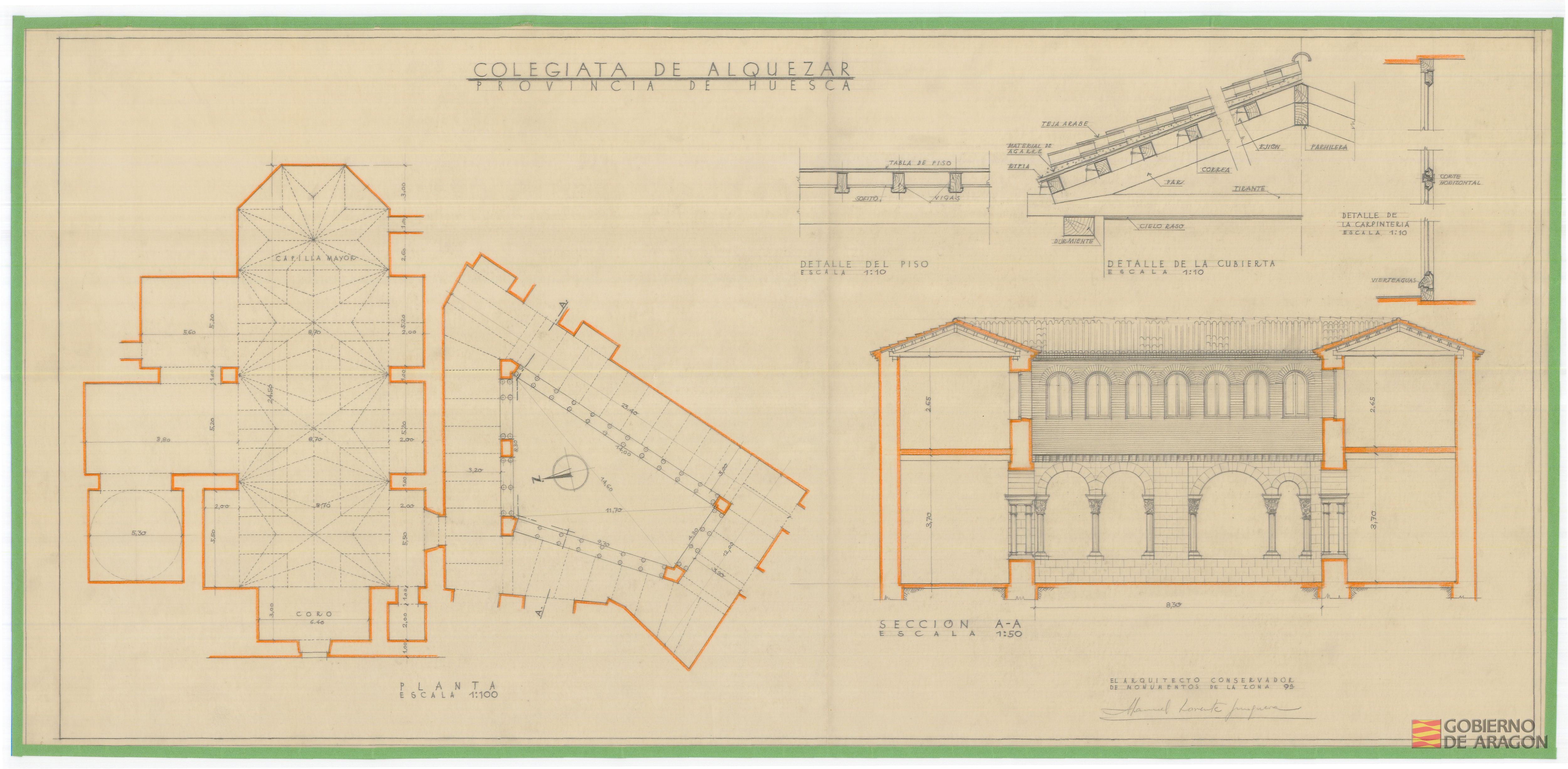 Colegiata de Alquézar (provincia de Huesca). Planta. Sección del claustro. Alquézar