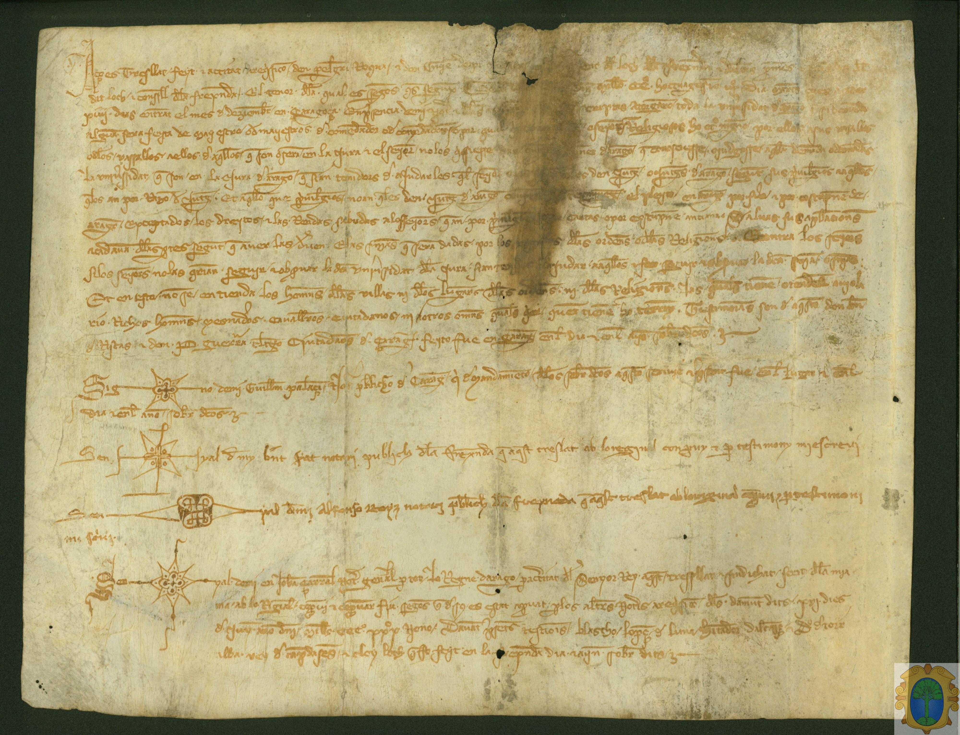 Las Unión de Aragón admite a los vasallos de las Órdenes Militares en la unión, confirma sus privilegios y garantiza que sean juzgados por jueces de Aragón. Traslado autorizado realizado a instancia de los jurados de Fuentespalda, Pelegrín y Guillén Dorpi