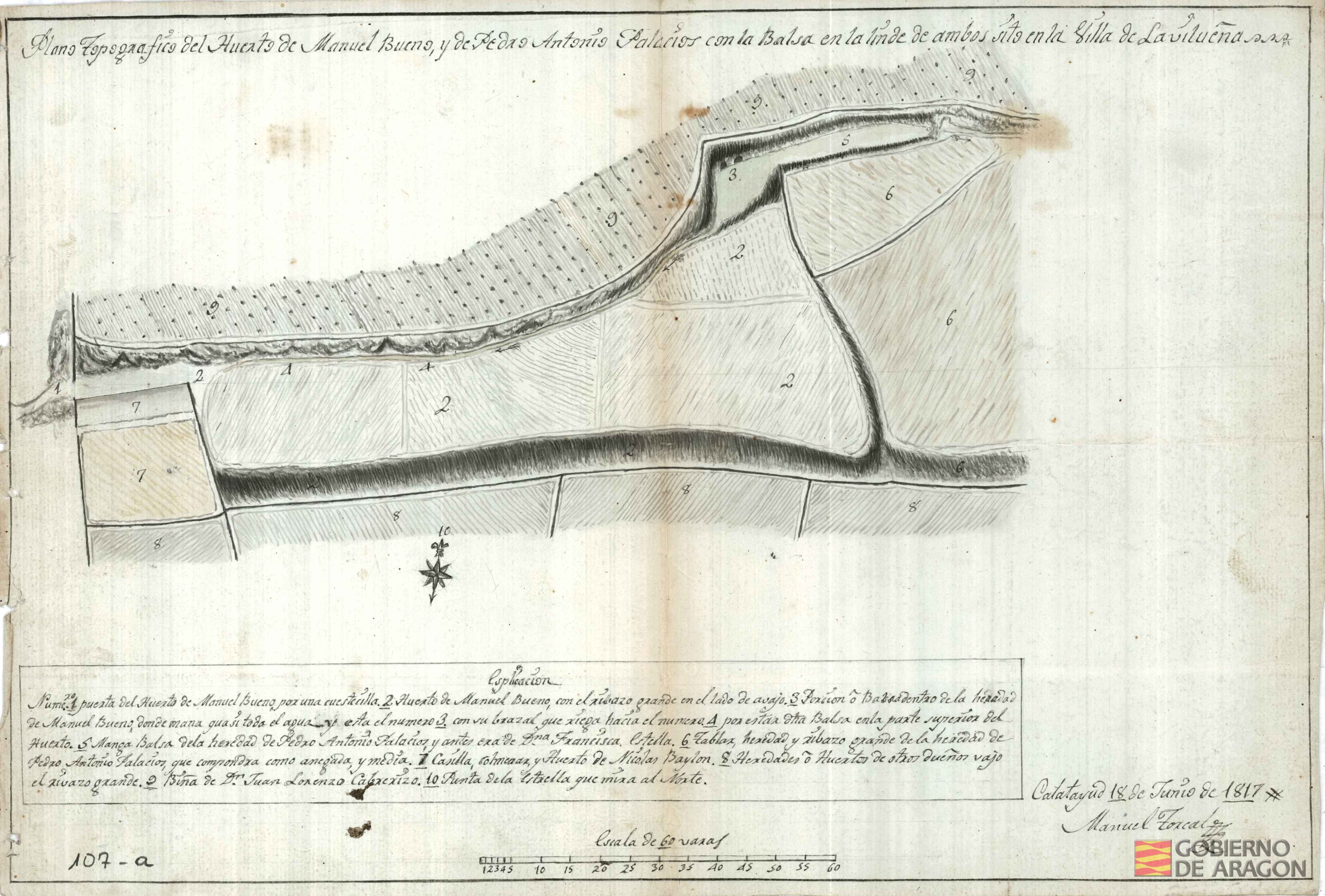 Plano topográfico del huerto de Manuel Bueno, y de Pedro Antonio Palacios con la Balsa en la linde de ambos sito en la villa de La Vilueña. Firmado por Manuel Torcal. Viñuela, La (Zaragoza)