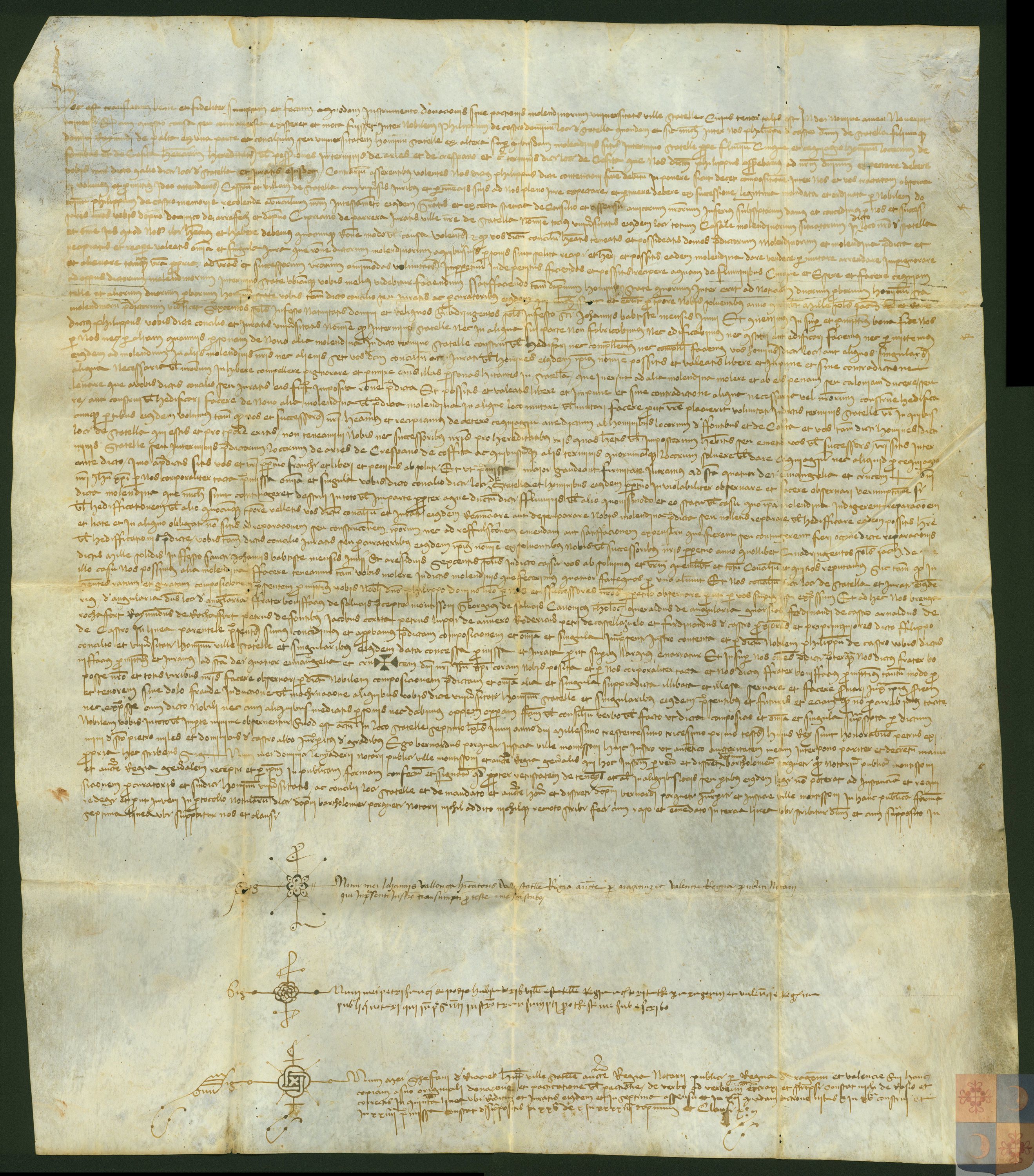 Carta de venta de un molino harinero en el término de Estadilla, a orillas del Cinca, otorgada por Felipe de Castro, senor de Estadilla, a favor del concejo y universidad de dicha localidad y pacto para su utilización