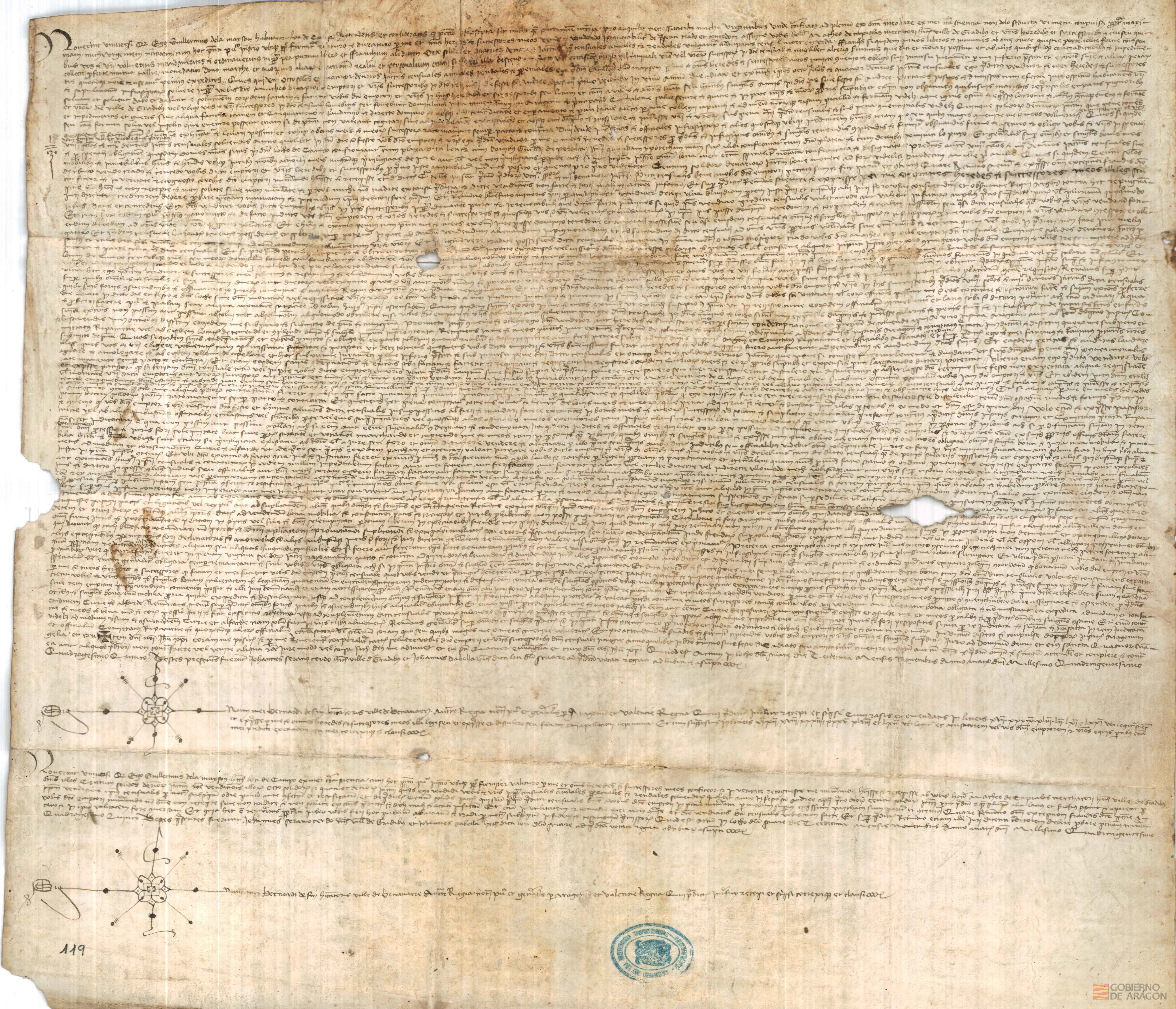 Guillermo de la Mayson,vecino del lugar de Campos,vende al honorable Mateo de Tapiolas,mercader,vecino de la villa de Graus,un censal anual de 8 sueldos y 4 dineros,por 100 sueldos jaqueses