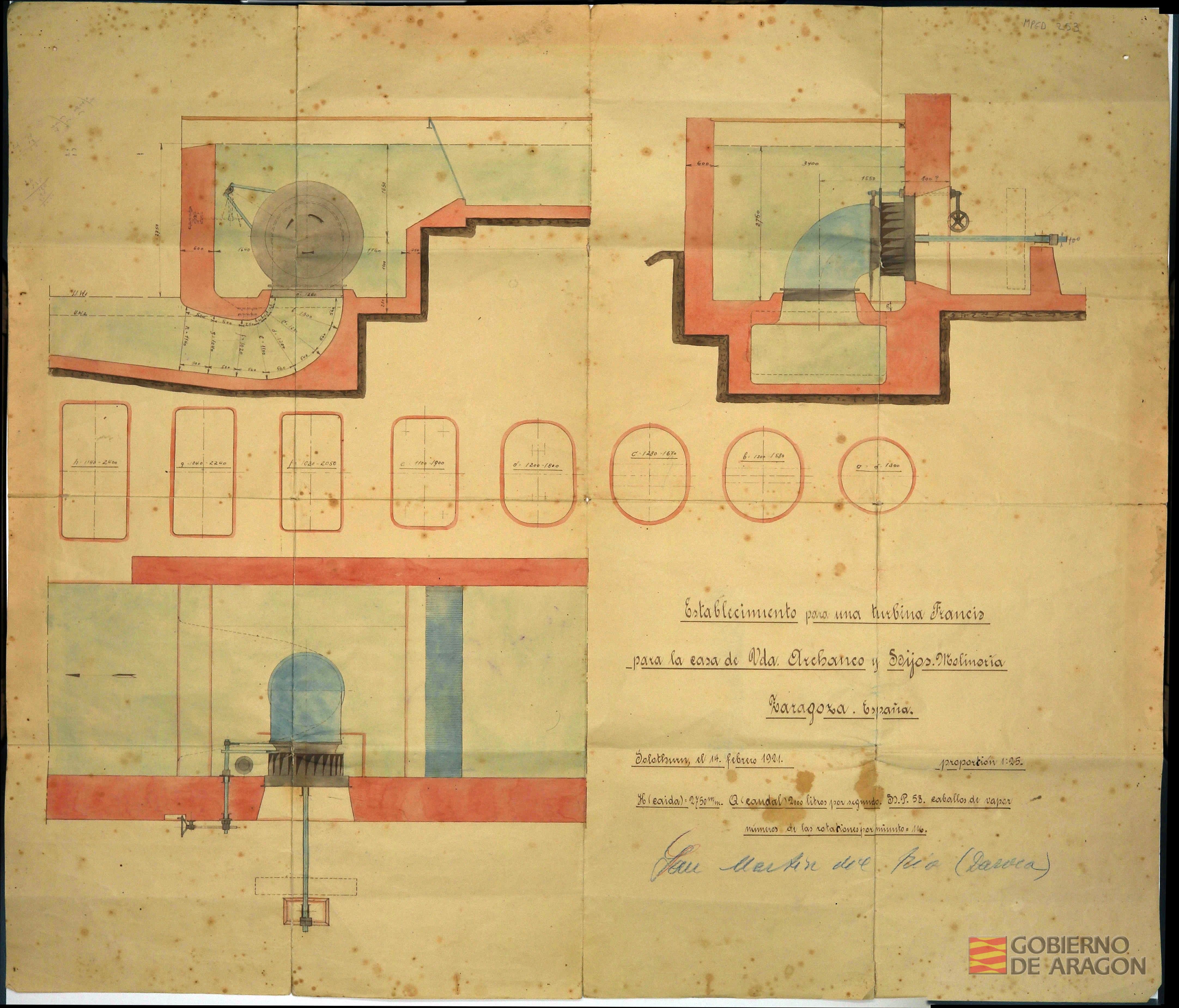 Plano para el establecimiento de una turbina Francis en San Martín del Río (Teruel) con la que generar electricidad para la fábrica de harinas la Merced de Daroca, propiedad de la Sociedad Pérez y Compañía. Casa de Vda. Archanco e hijos. Molinería. Zaragoza