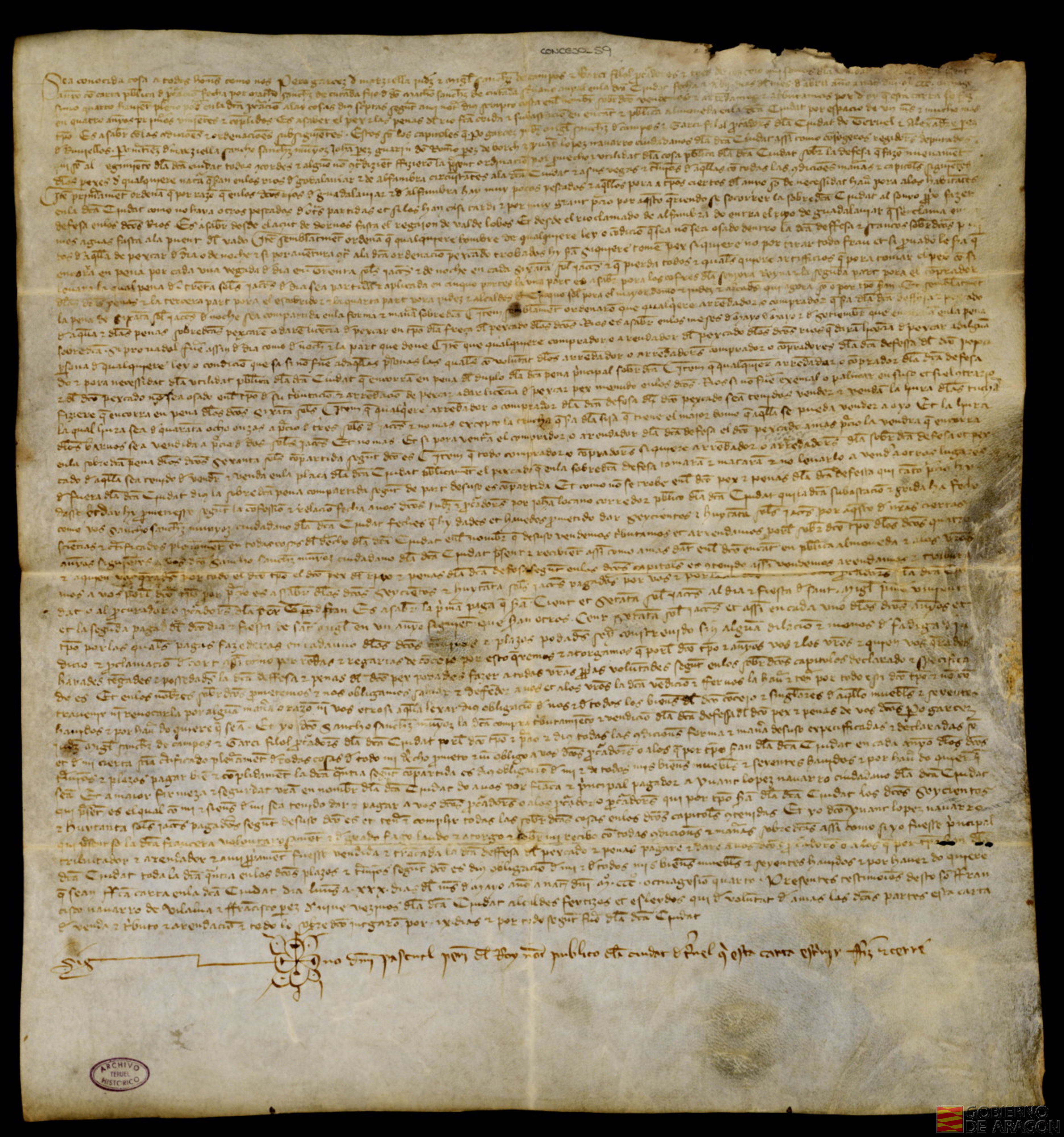 Capítulos realizados por el Concejo de Teruel sobre la defensa de los peces de los ríos Guadalaviar y Alfambra, y carta de arrendamiento a favor de Sancho Sánchez Muñoz por precio de 680 sueldos durante cuatro años