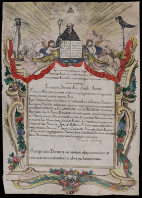 Carta de profesión de Teresa Gertudris Solana y Avellaneda, de la localidad de Larués, en el monasterio de Santa Cruz de Jaca