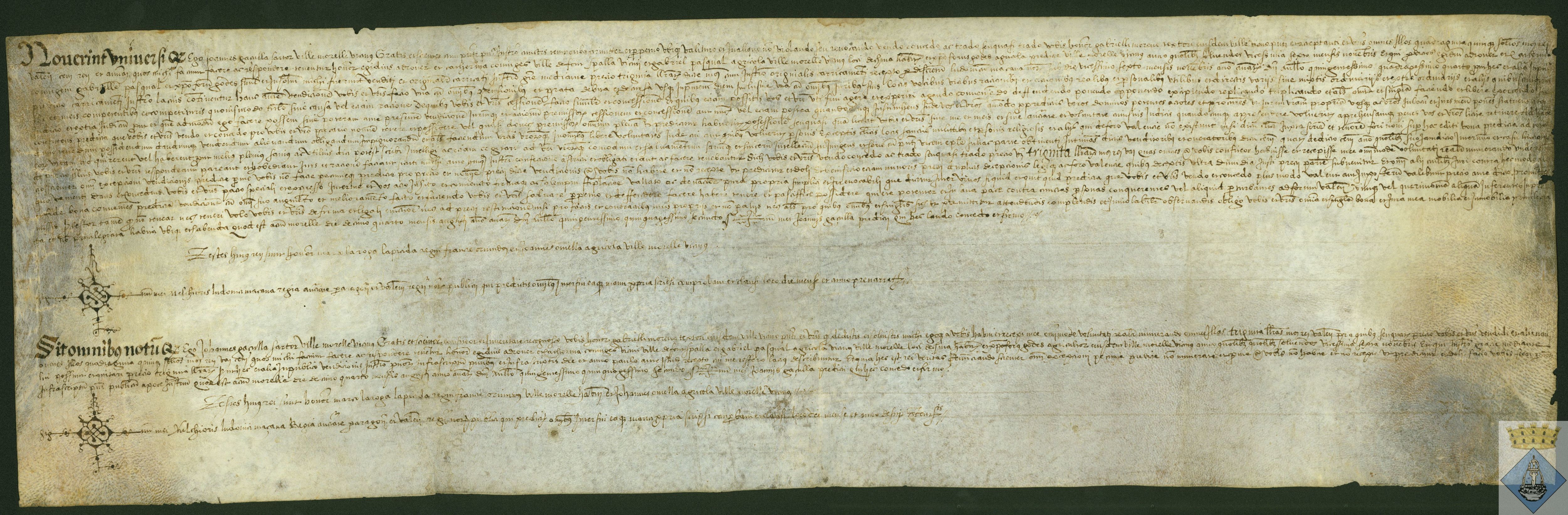 Venta de 413 sueldos valencianos de un censo cargado sobre el concejo de Fuentespalda, hecha por Juan Gazulla a Gabriel Moreno, ambos vecinos de Morella